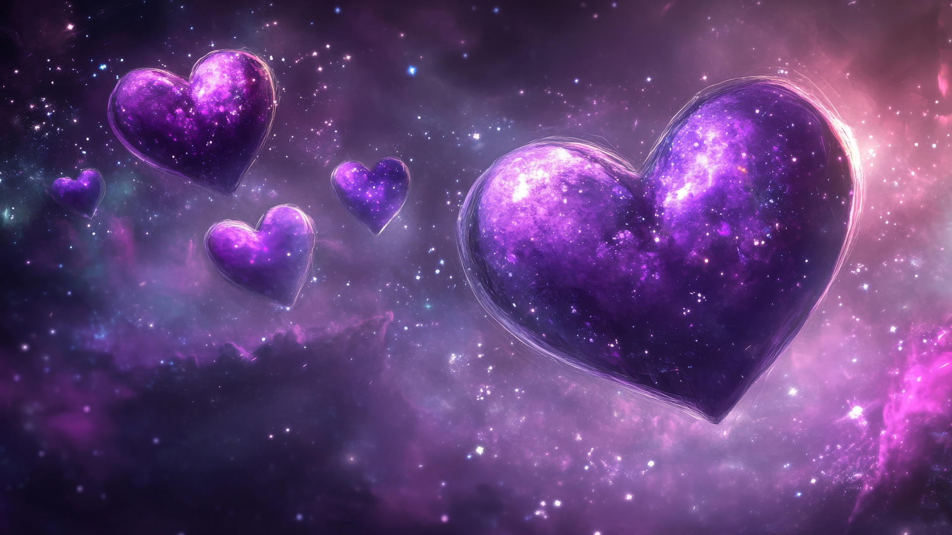 Whimsical galaxy-inspired purple heart wallpaper with planet-like hearts, stars, and cosmic dust.