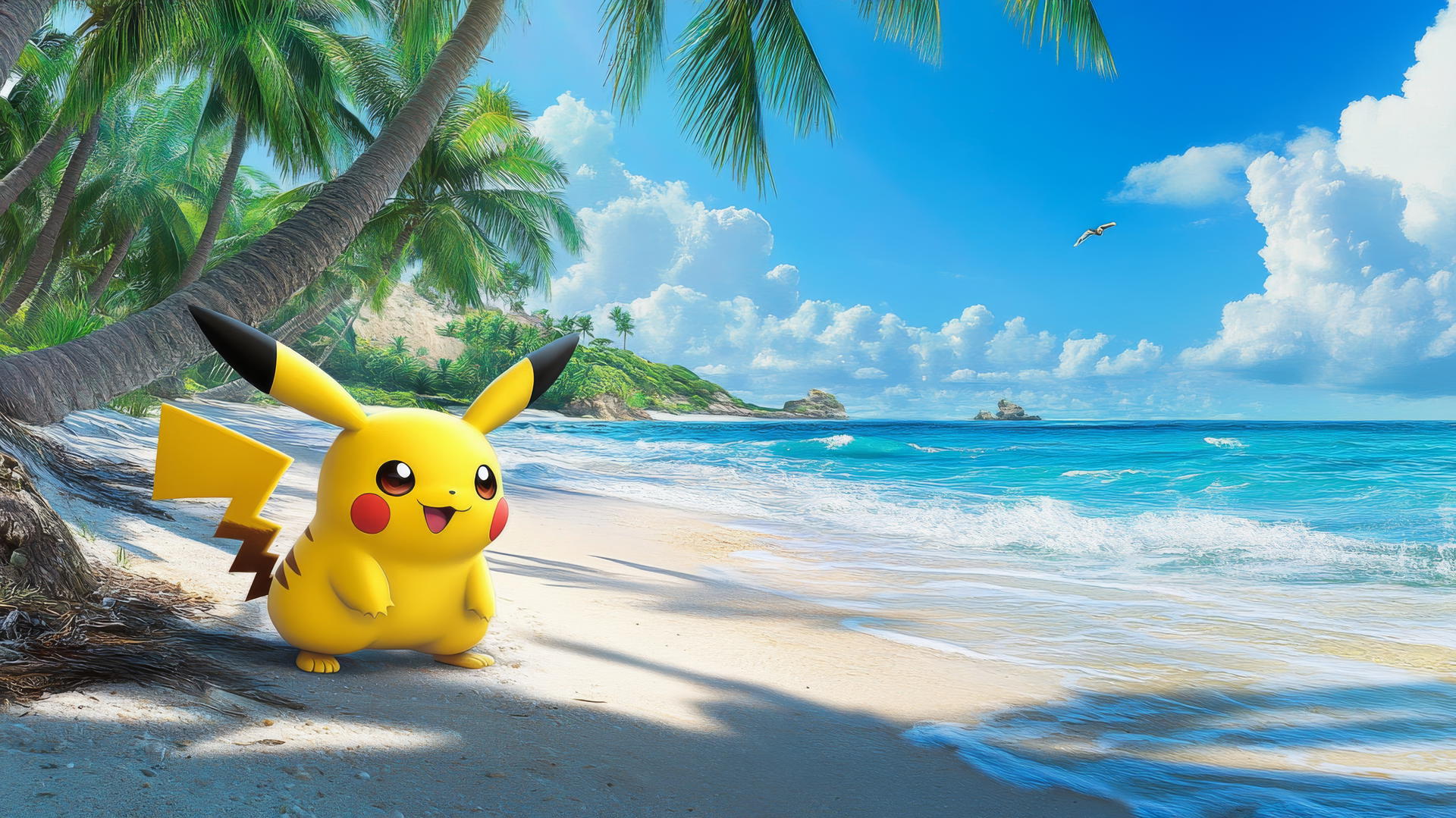 Pikachu on a tropical island beach with clear waters, palm trees, bright colors.