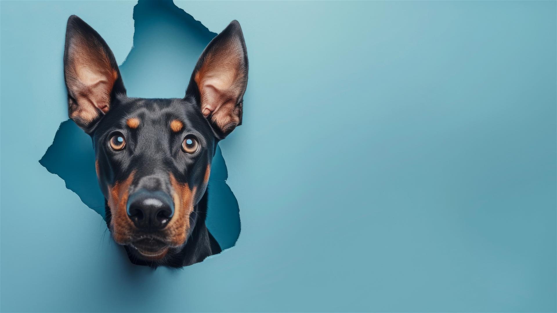 Doberman Pinscher peeking through hole in sky blue paper