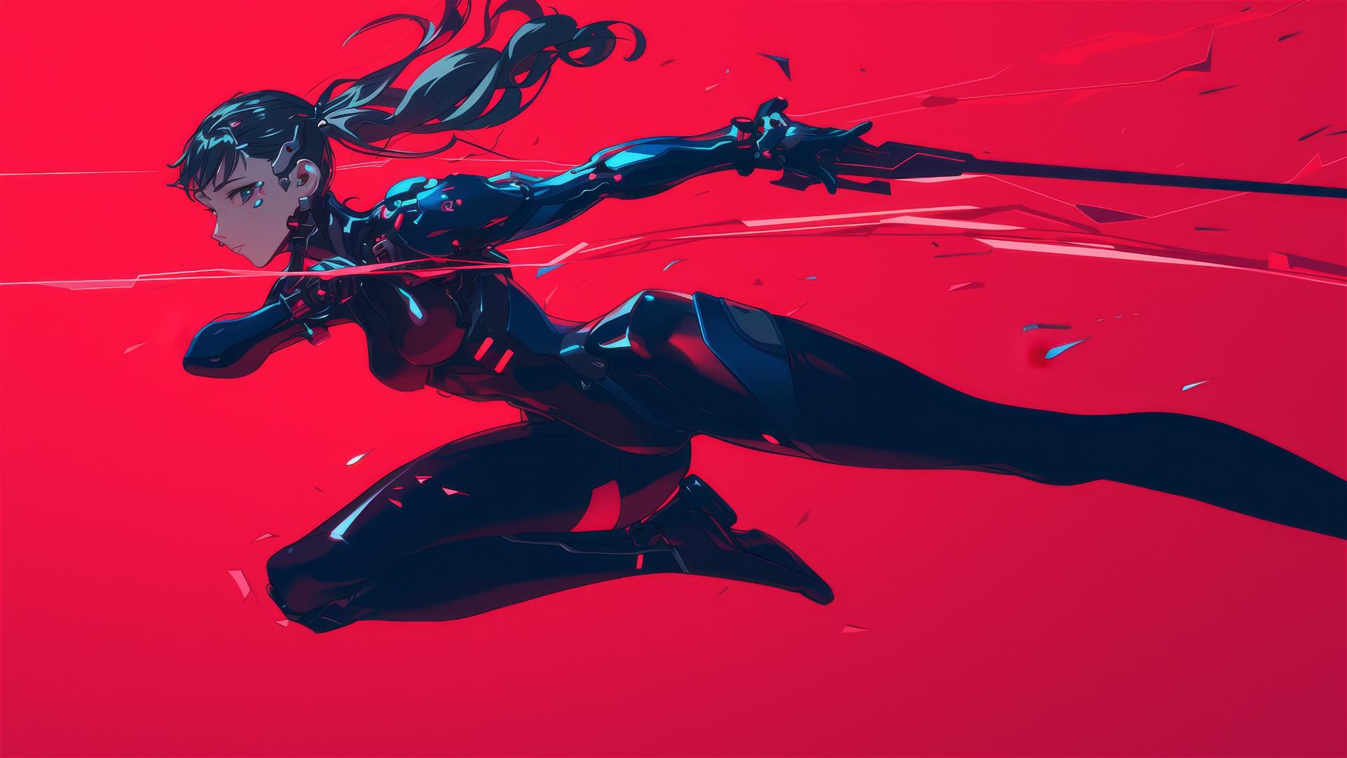 Cybernetic Agent Girl with thigh focus in dynamic pose on dark background