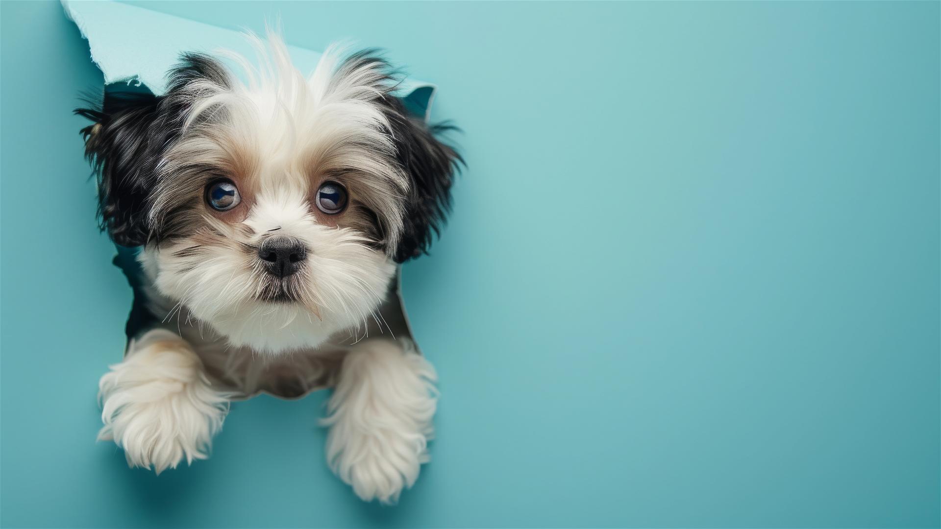 Teacup Havanese peeks from hole in sky blue paper, space for text