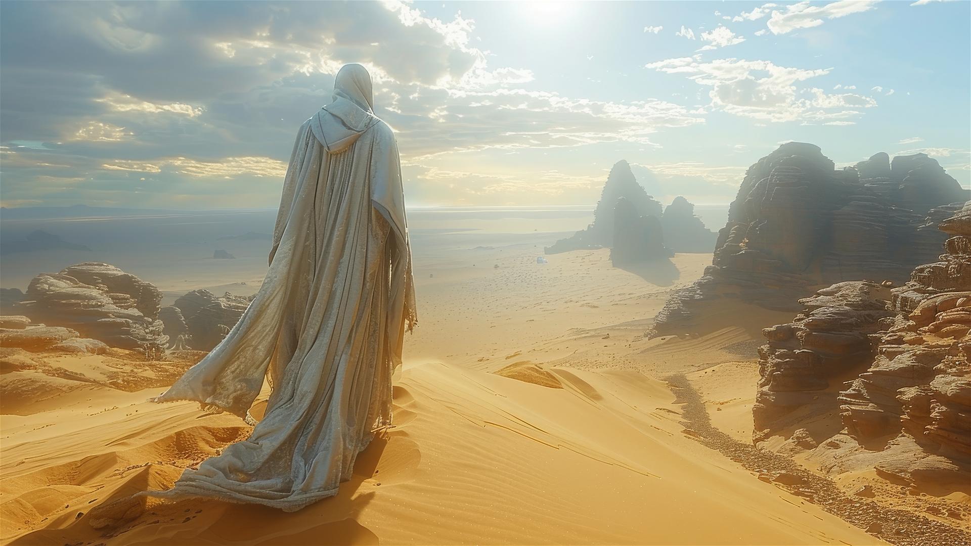 Solitary figure in white robe walking on sand dune in futuristic desert