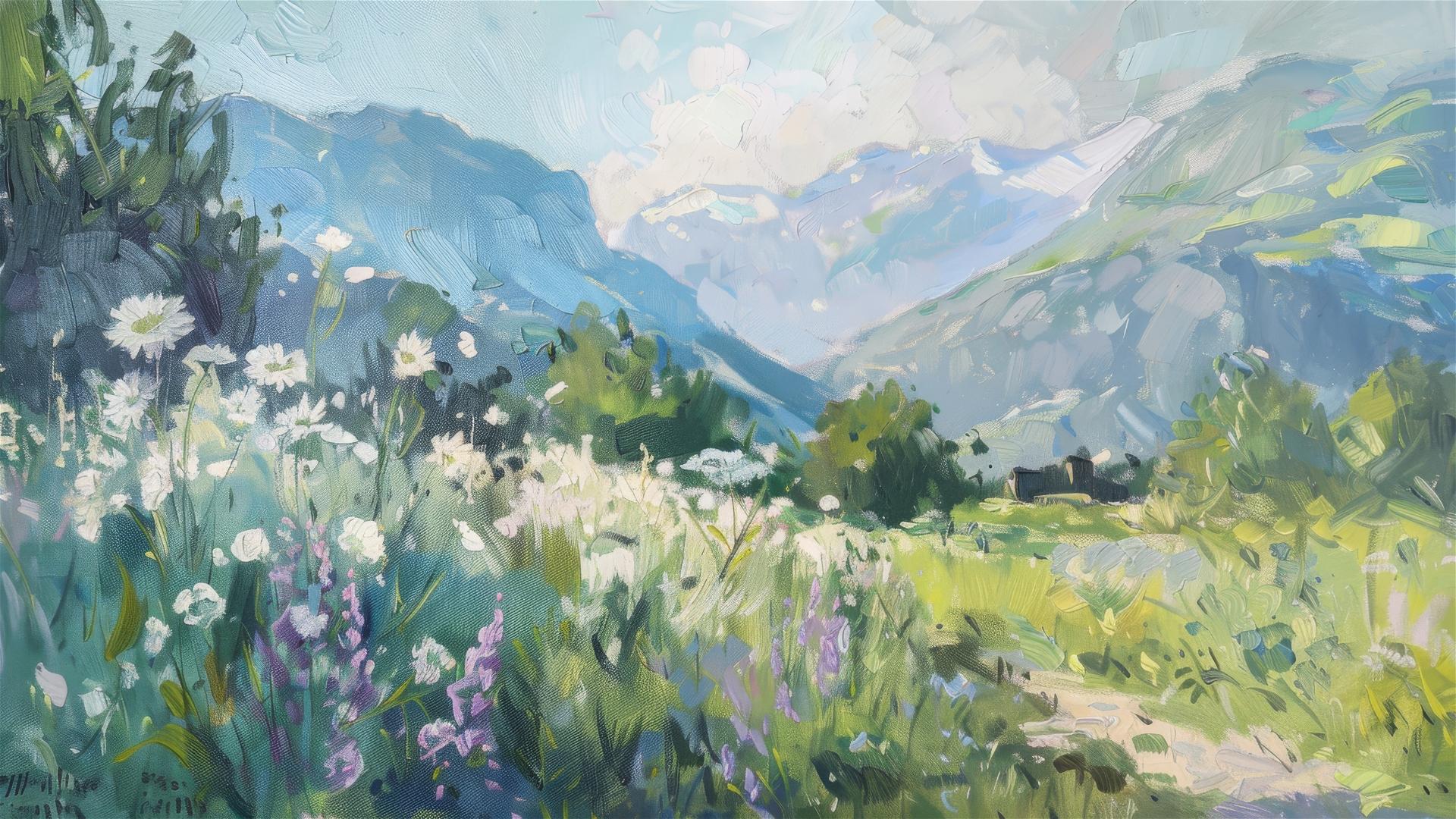 Cezanne-style oil painting of German Alps with white and purple flowers in summer.