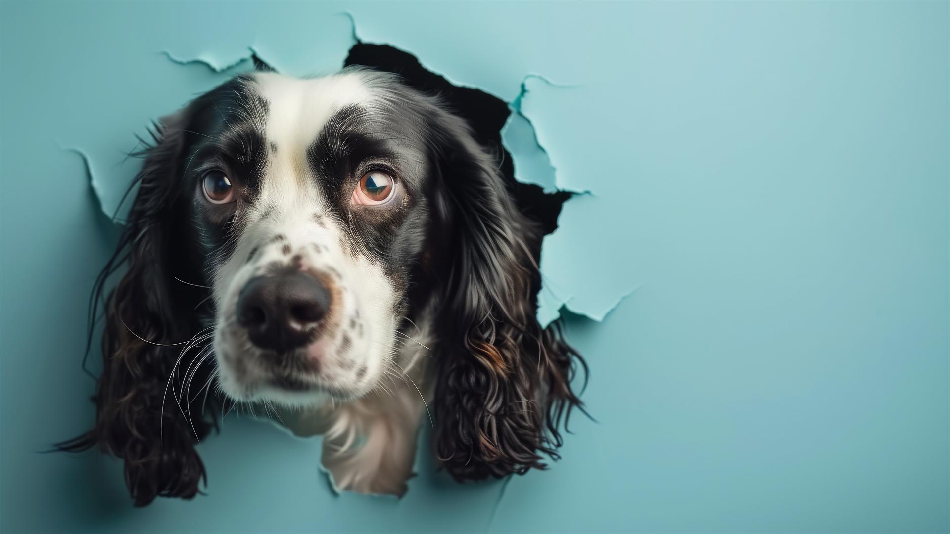English Springer Spaniel peeking through a hole in sky blue paper