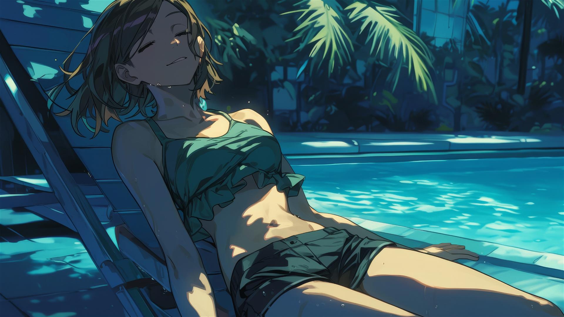 Nobara Kugisaki from Jujutsu Kaisen resting by pool under moonlight