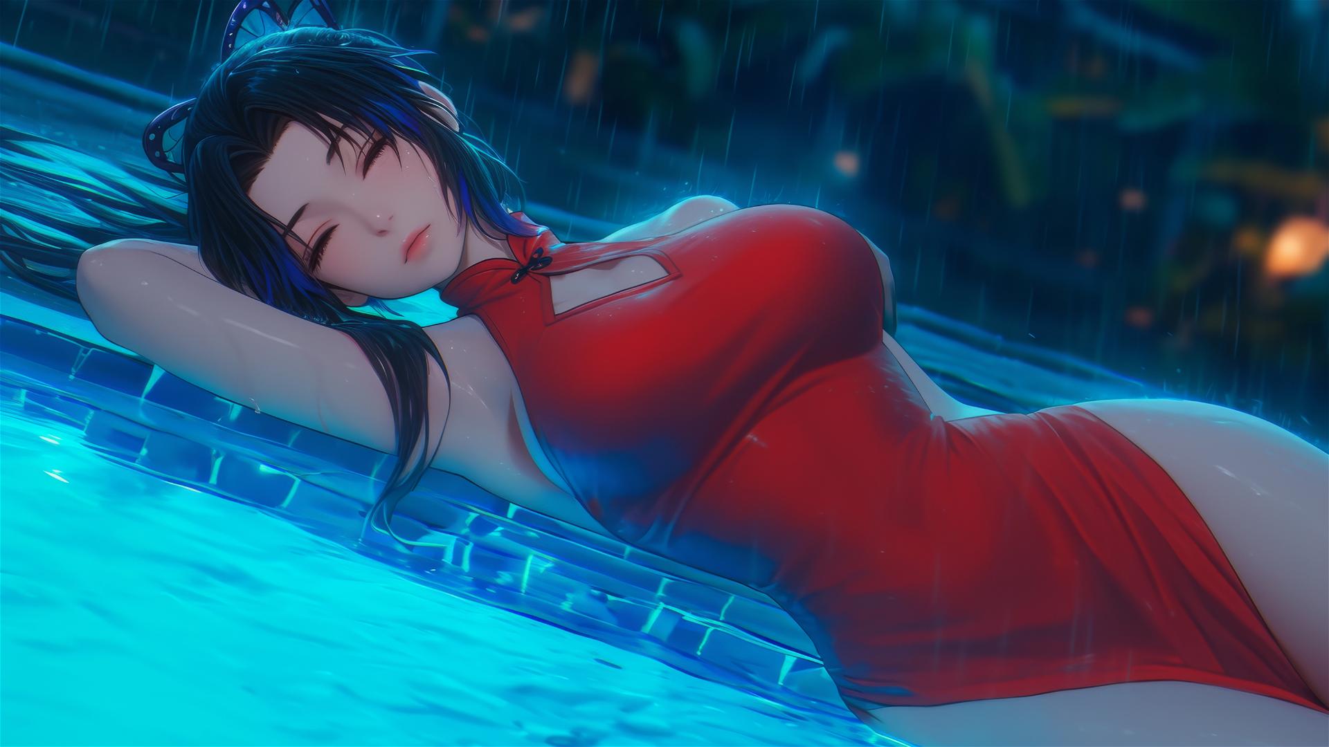 Shinobu Kocho by pool under moonlight in red dress, rain