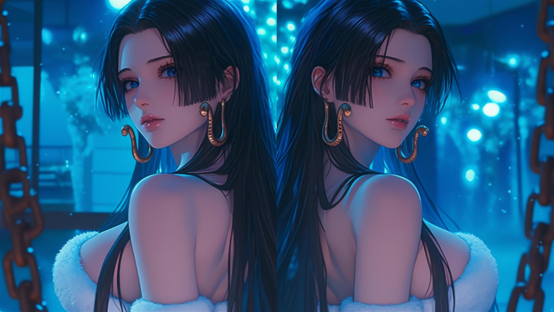 Boa Hancock in a Christmas costume, chained in a neon-lit hotel room.