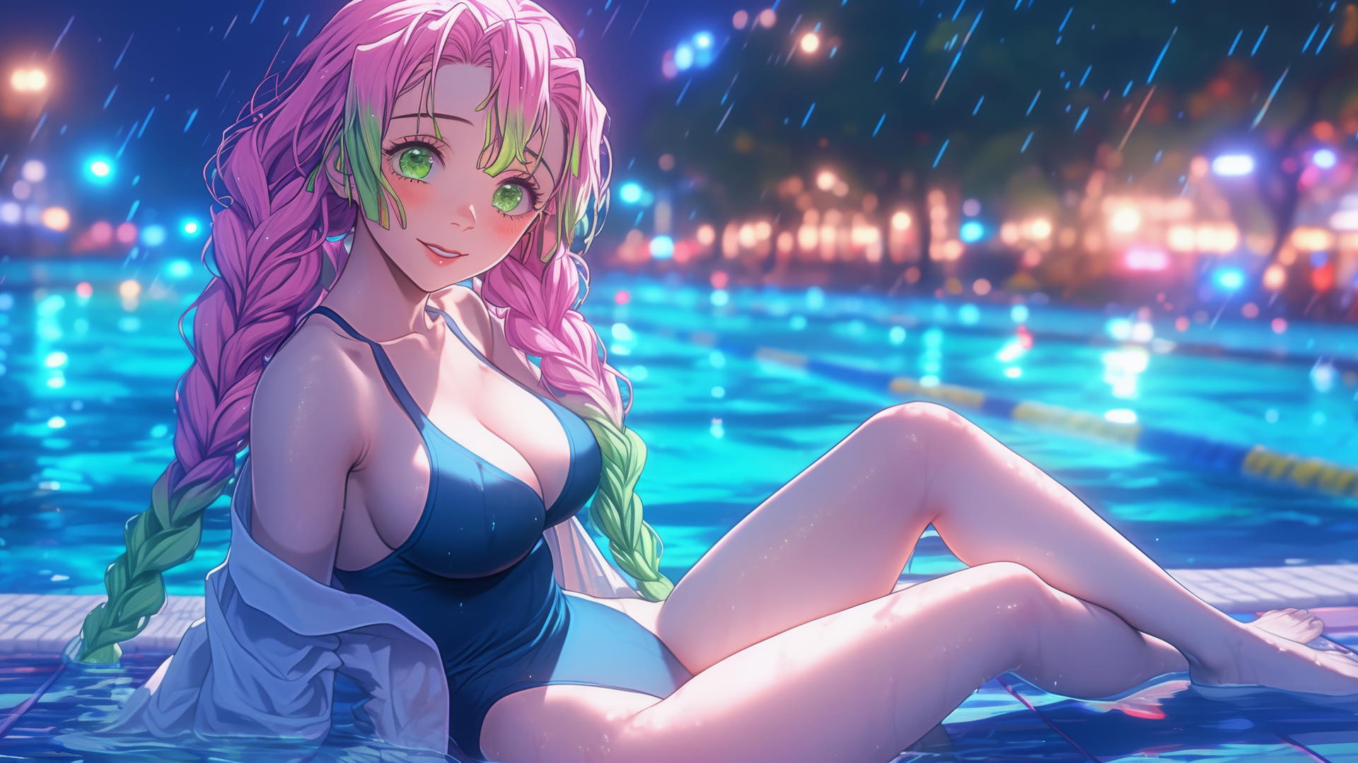 Mitsuri Kanroji from Demon Slayer relaxing by a rainy swimming pool under moonlight with pink and green hair.