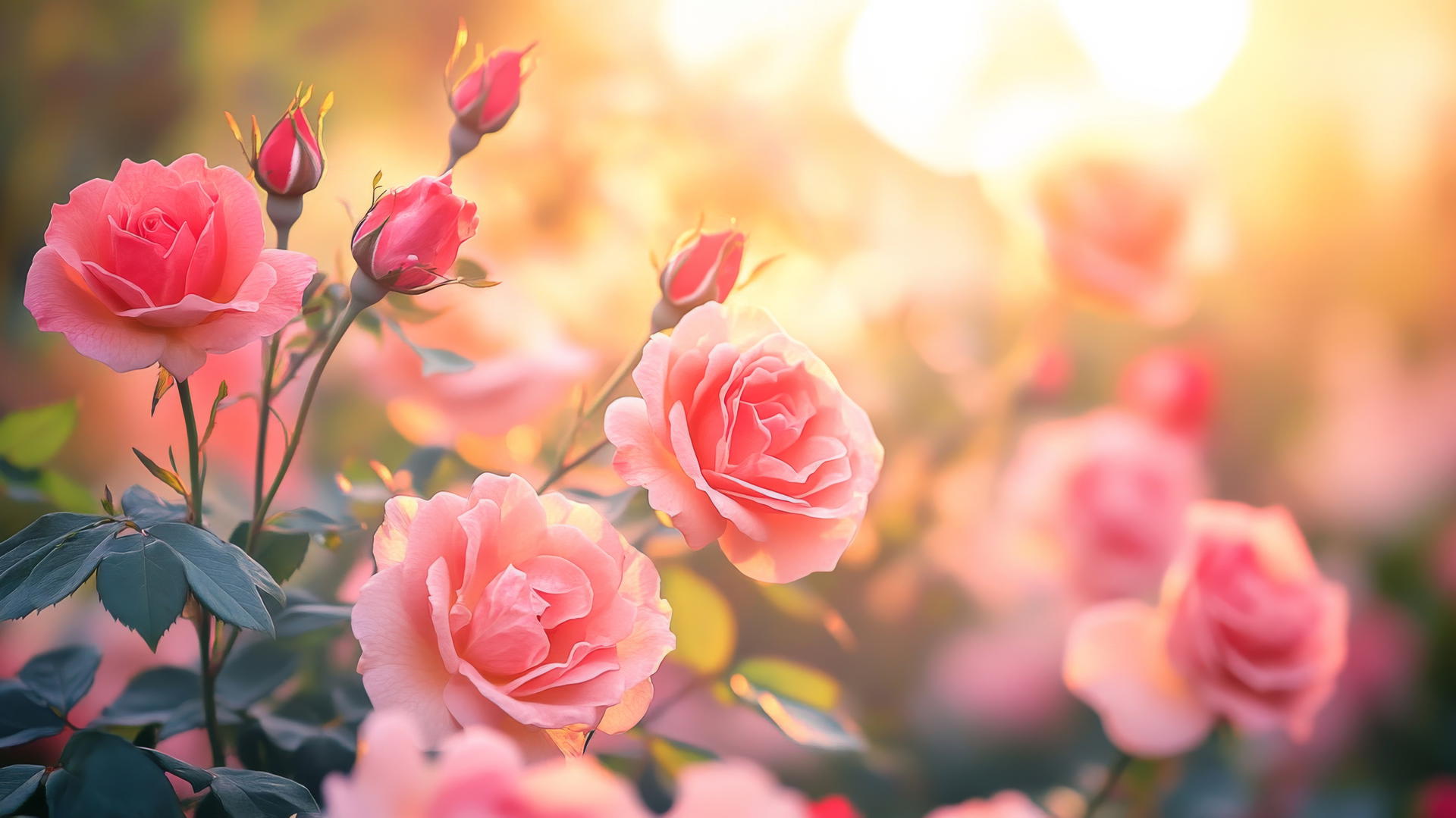 flower nature wallpaper with blooming pink and red roses in sunlight