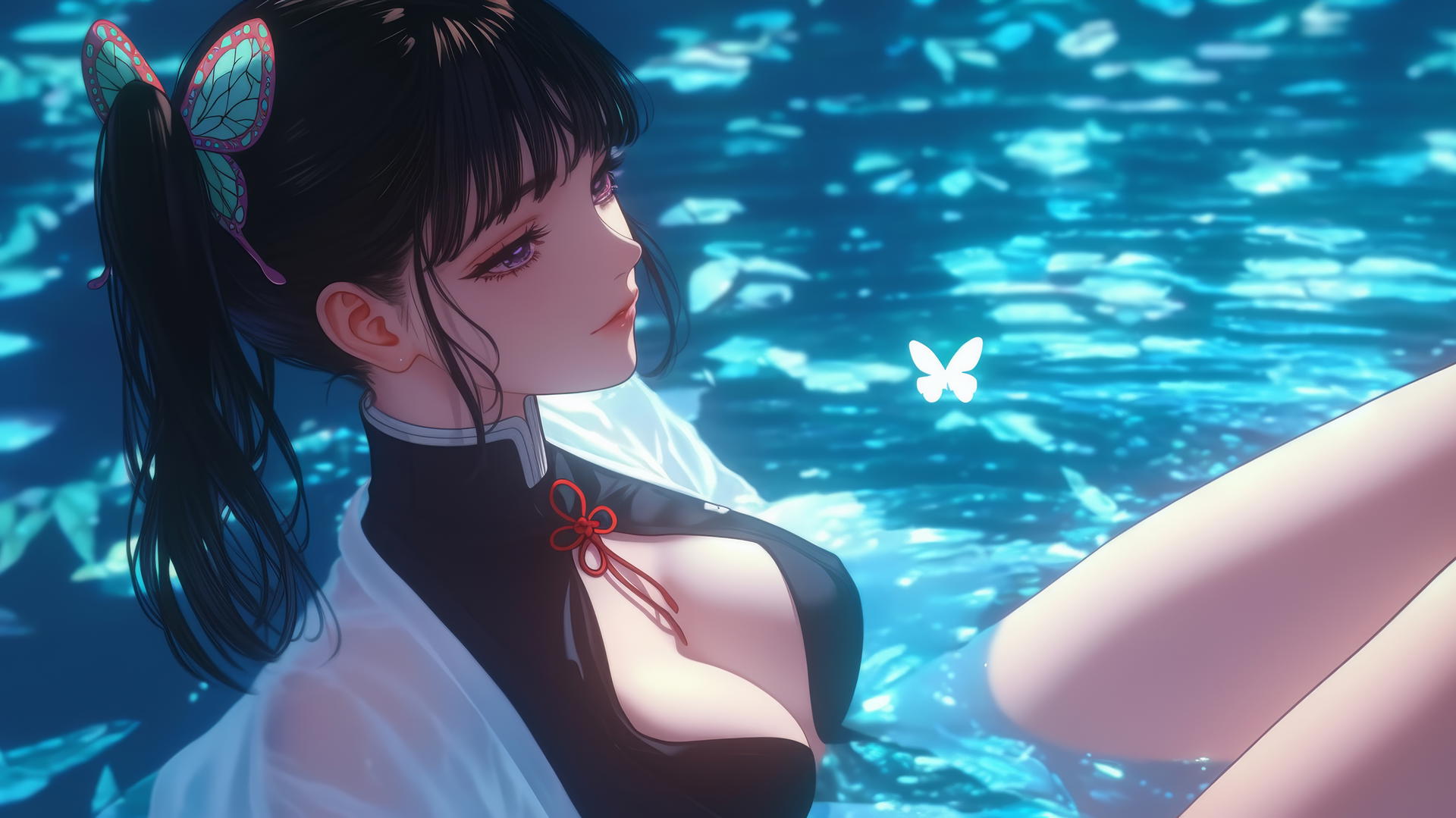 Kanao Tsuyuri from Demon Slayer in modern apartment bathtub with warm lighting