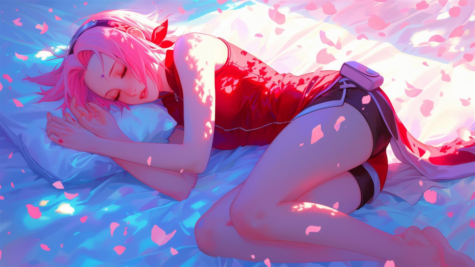 Sakura Haruno in bed with neon swirls, side view, hyper-realistic anime style.