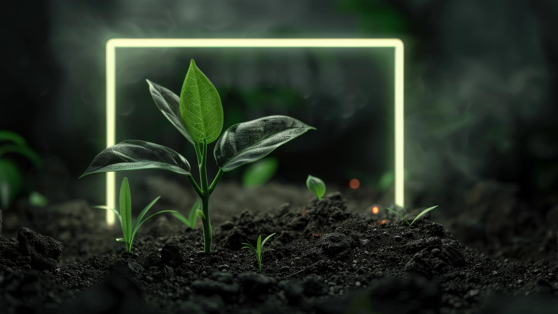 Seedling at bottom on light black background with neon frame.