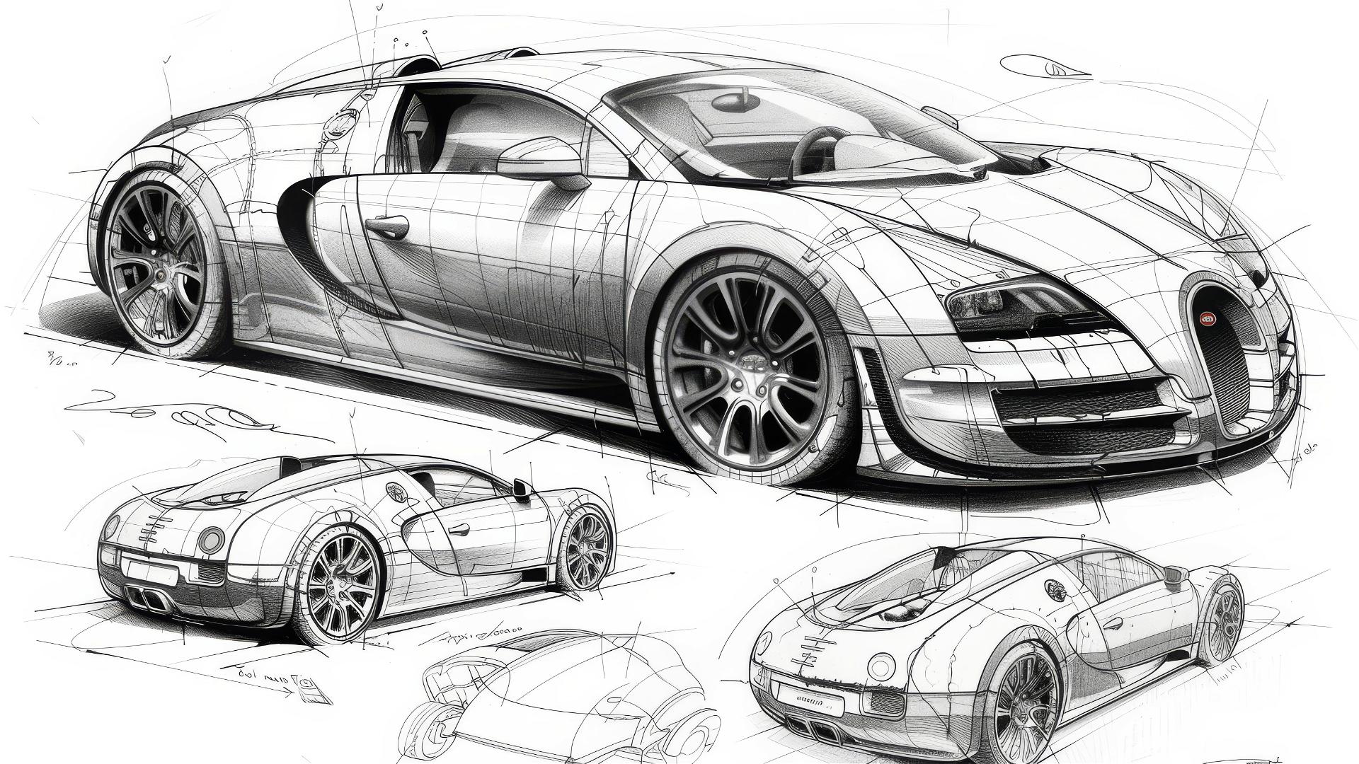Black and white Bugatti Veyron blueprint and sketch.
