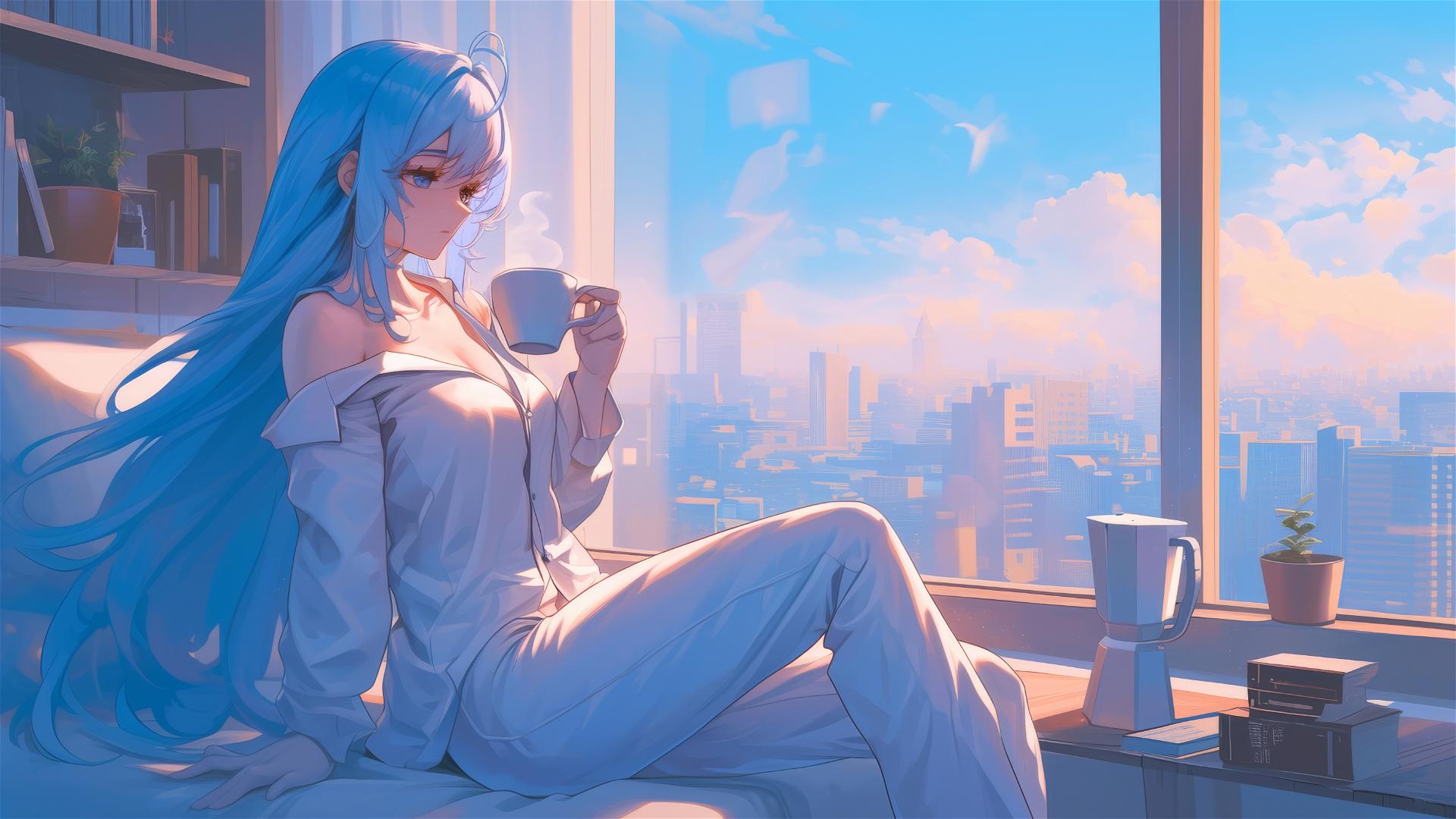 Esdeath in white silk pajamas with coffee at sunrise.
