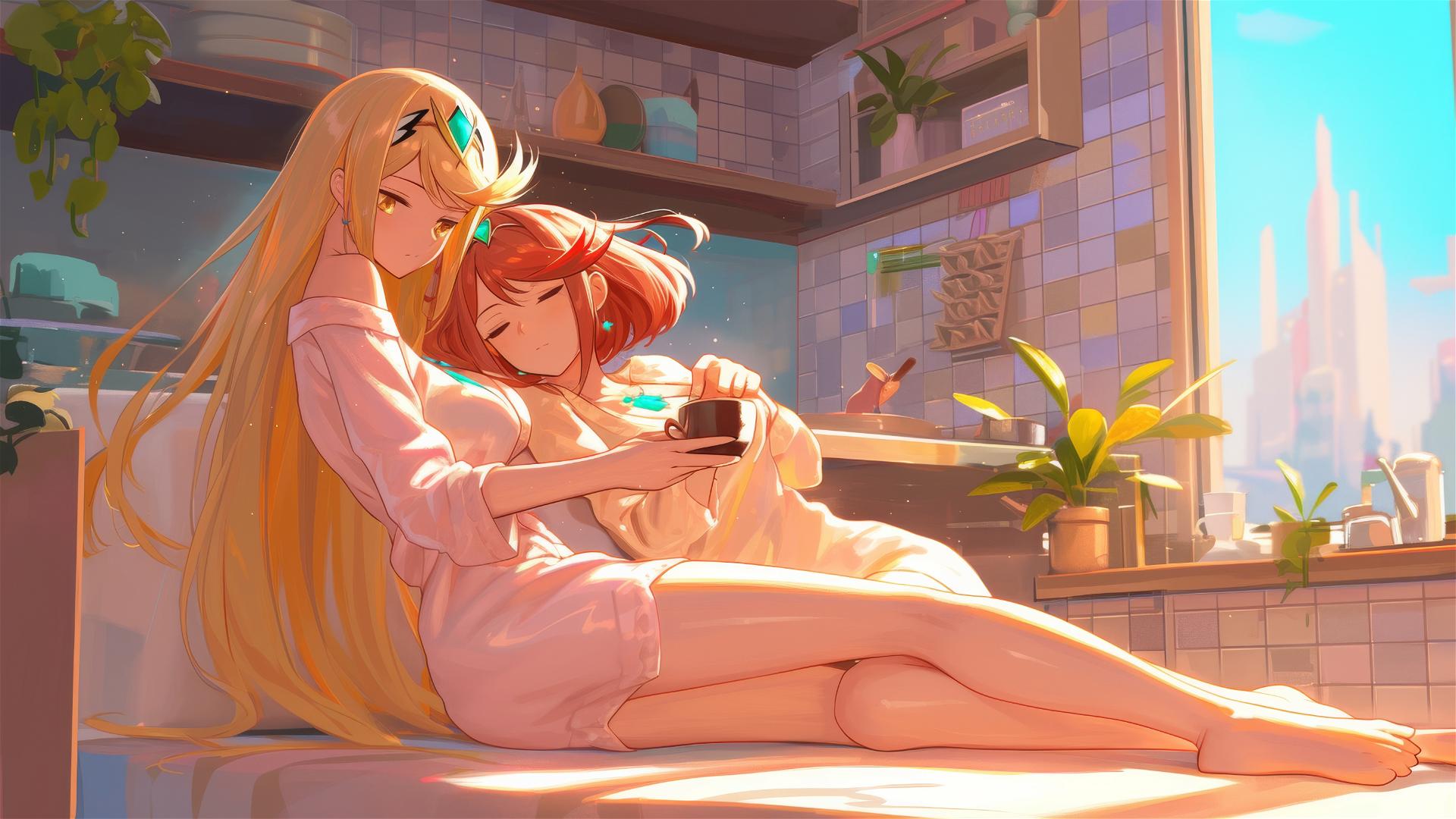 Pyra and Mythra in silk pajamas with coffee at sunrise.