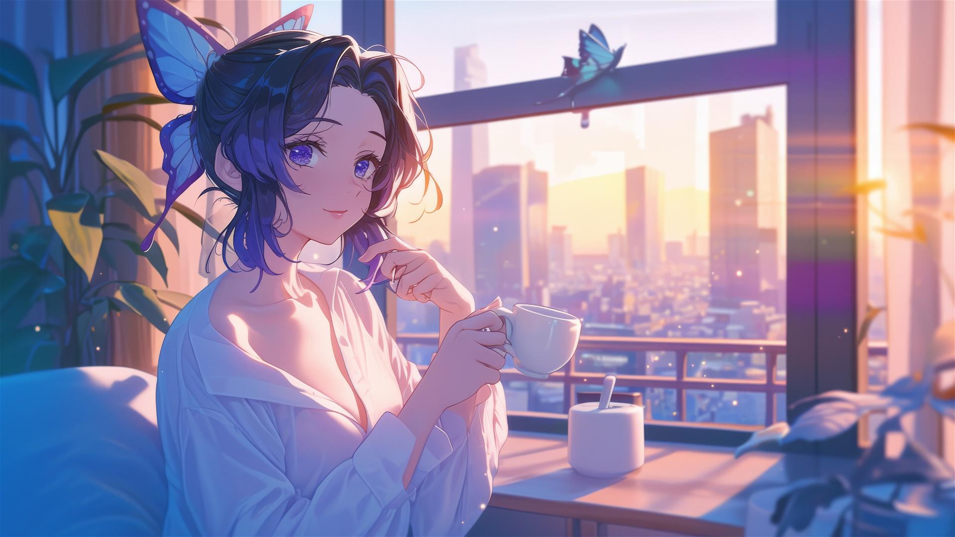 Shinobu Kocho from Demon Slayer sipping coffee at sunrise in a modern kitchen.