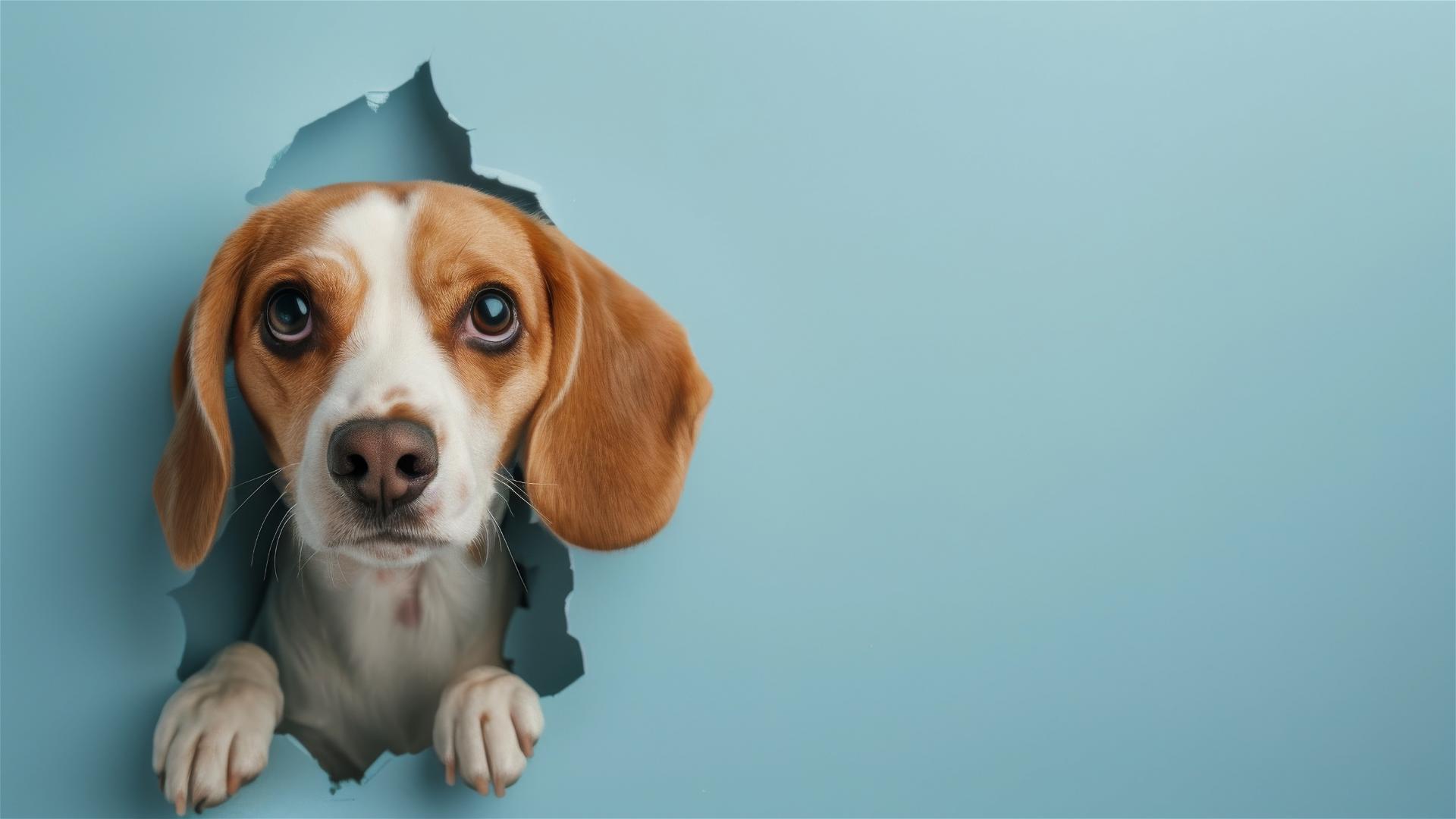Beagle peeking through hole in sky blue paper