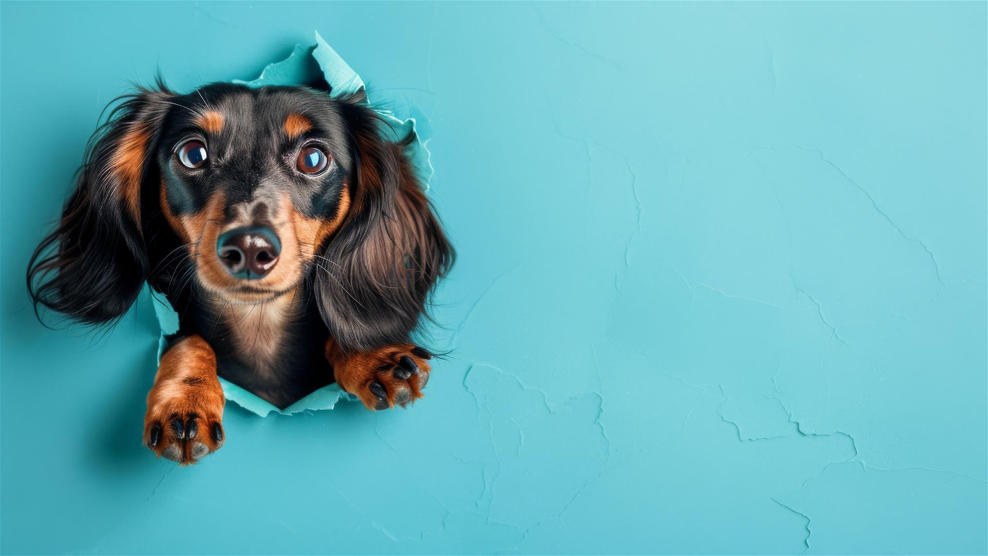 Dachshund peeking through a hole in a sky blue paper wall.