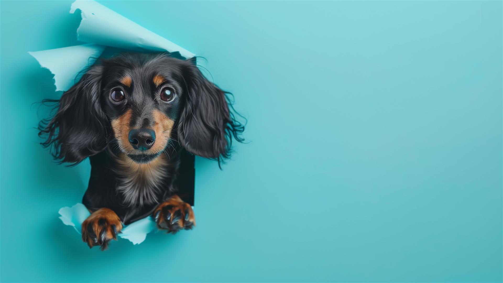 Spring-themed image with dachshund peeking through hole in sky blue paper