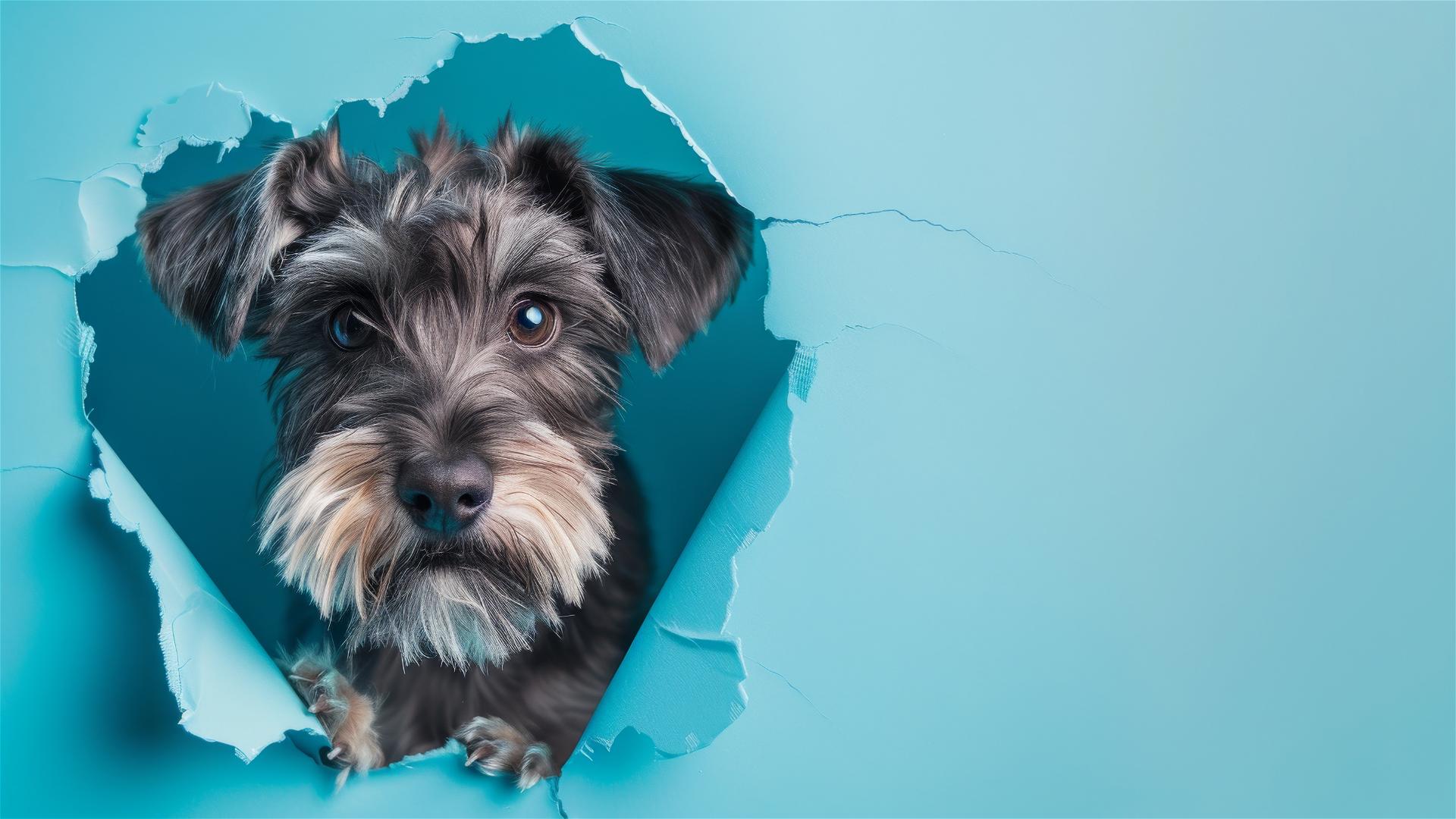 Colorful Schnauzer peeking through sky blue paper wall