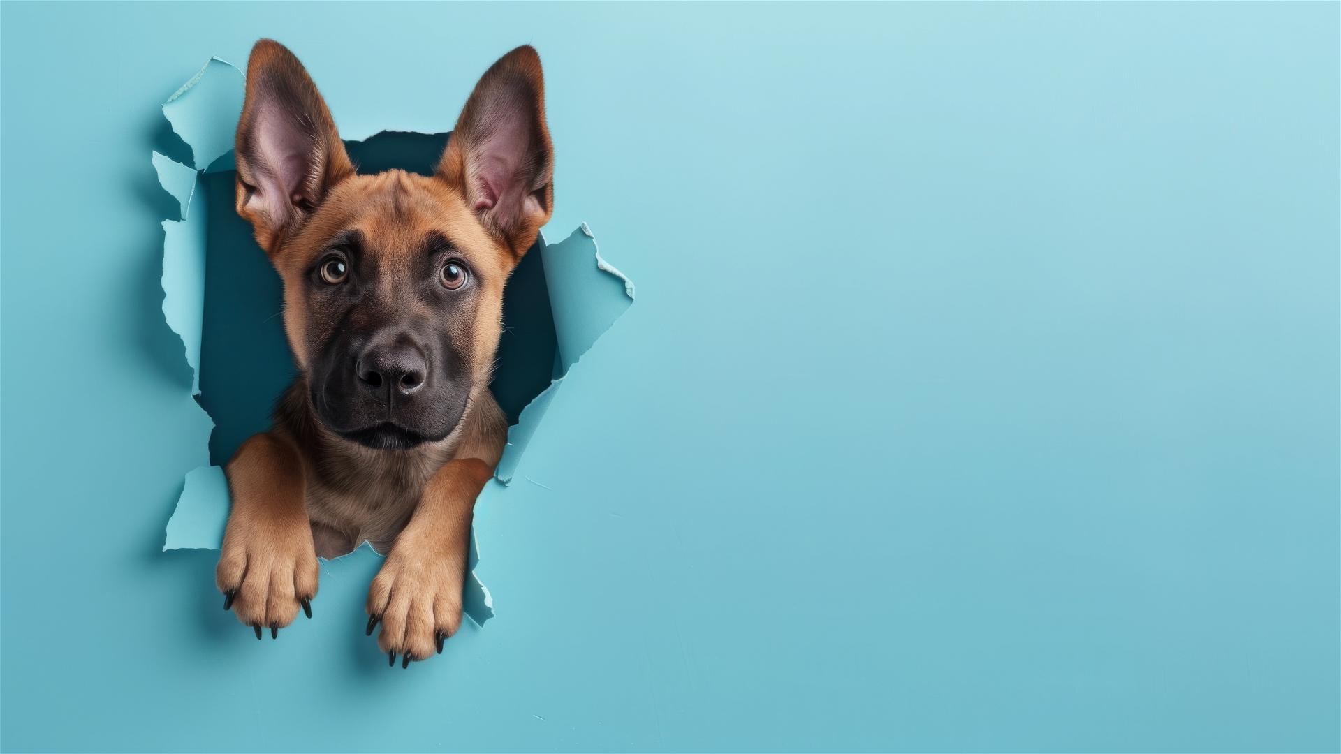 Belgian Malinois peeking through hole on sky blue paper