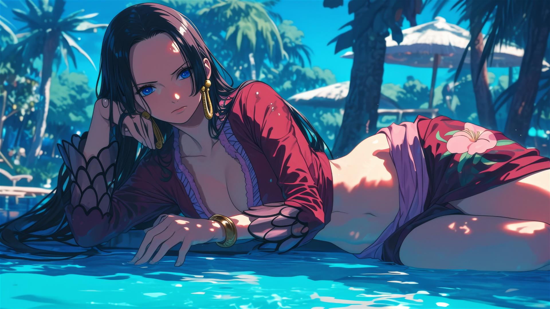 Boa Hancock from One Piece resting by pool under moonlight