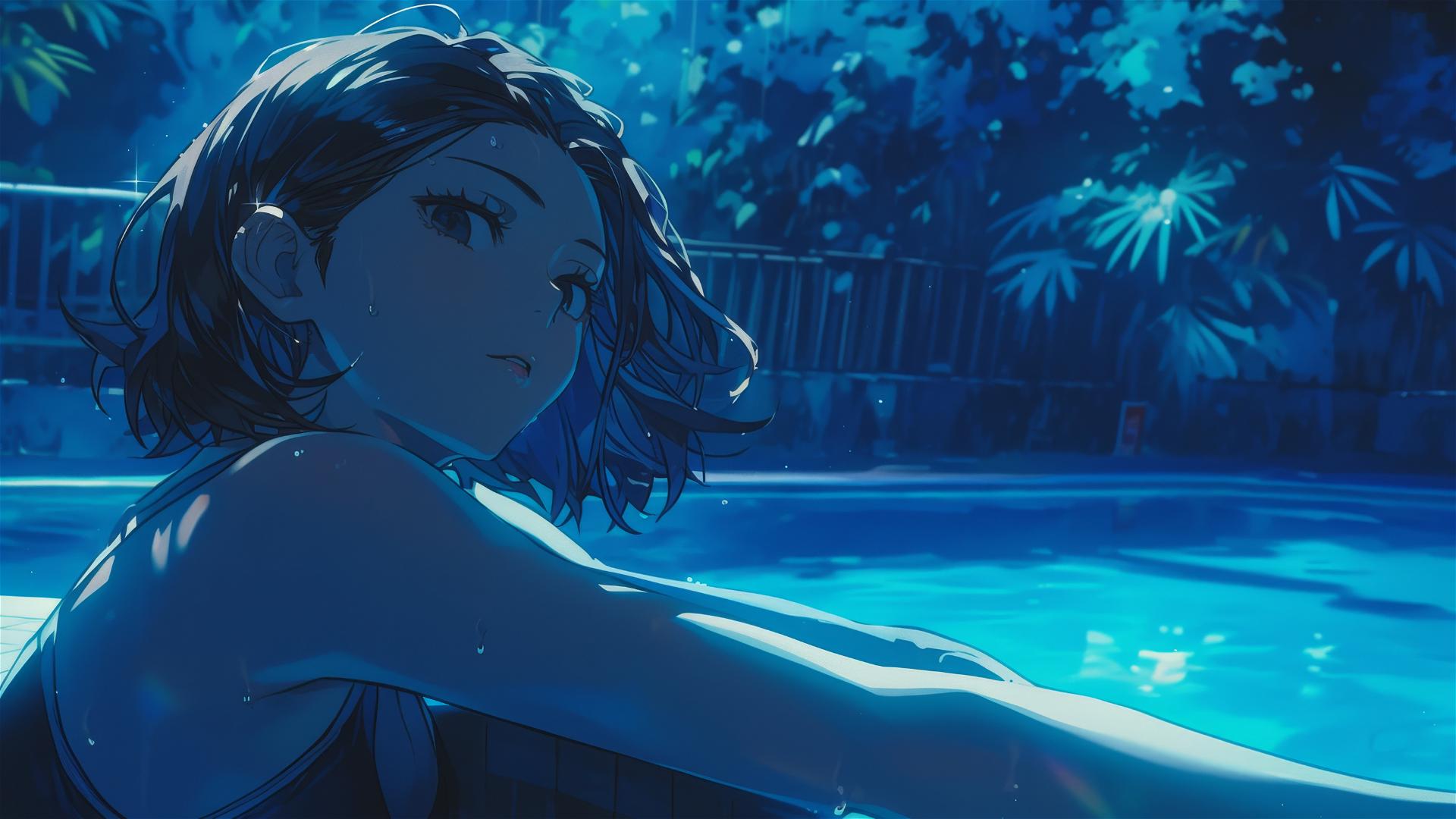 Nobara Kugisaki from Jujutsu Kaisen resting by pool under moonlight