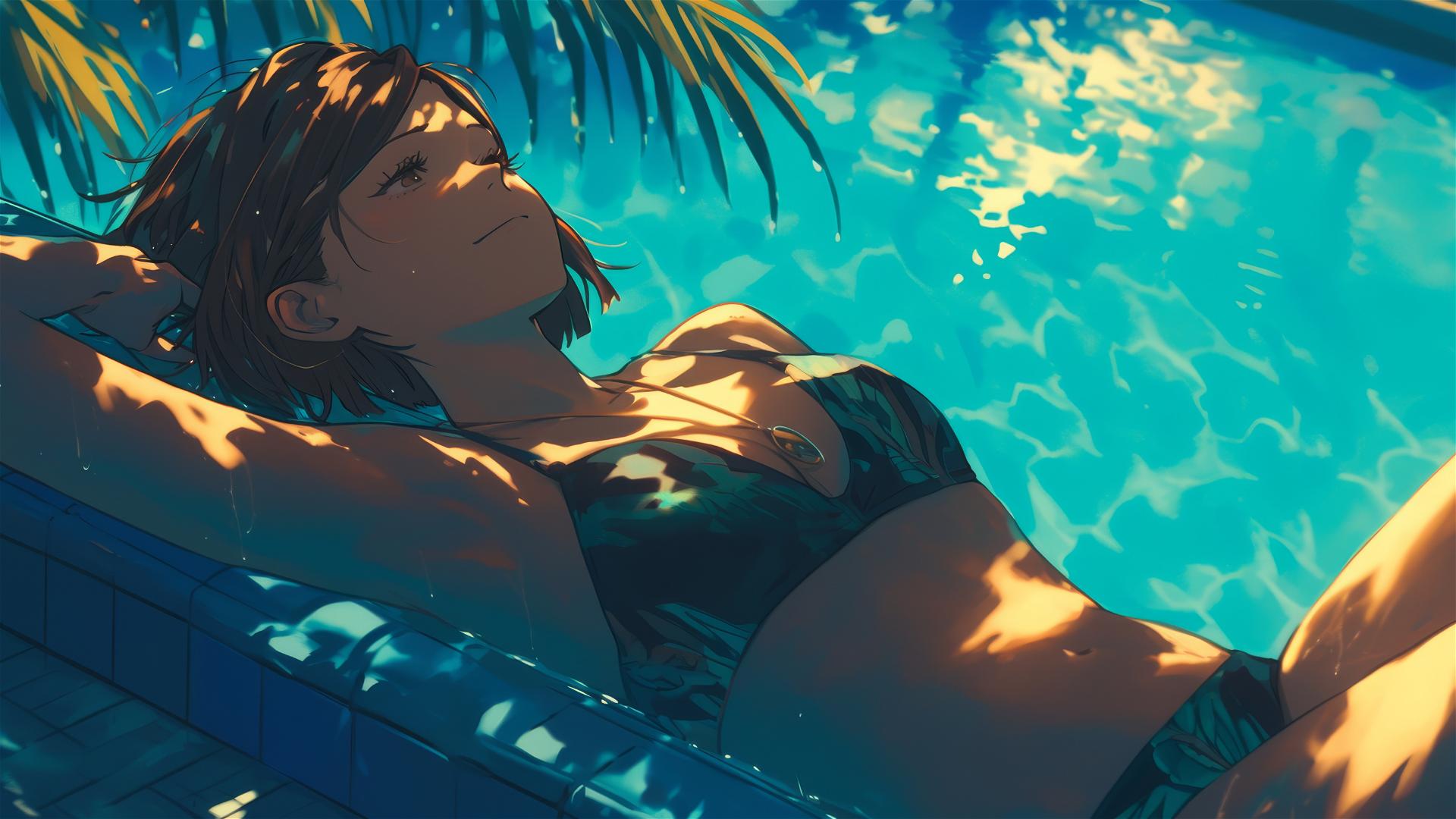 Nobara Kugisaki from Jujutsu Kaisen relaxing by poolside under moonlight