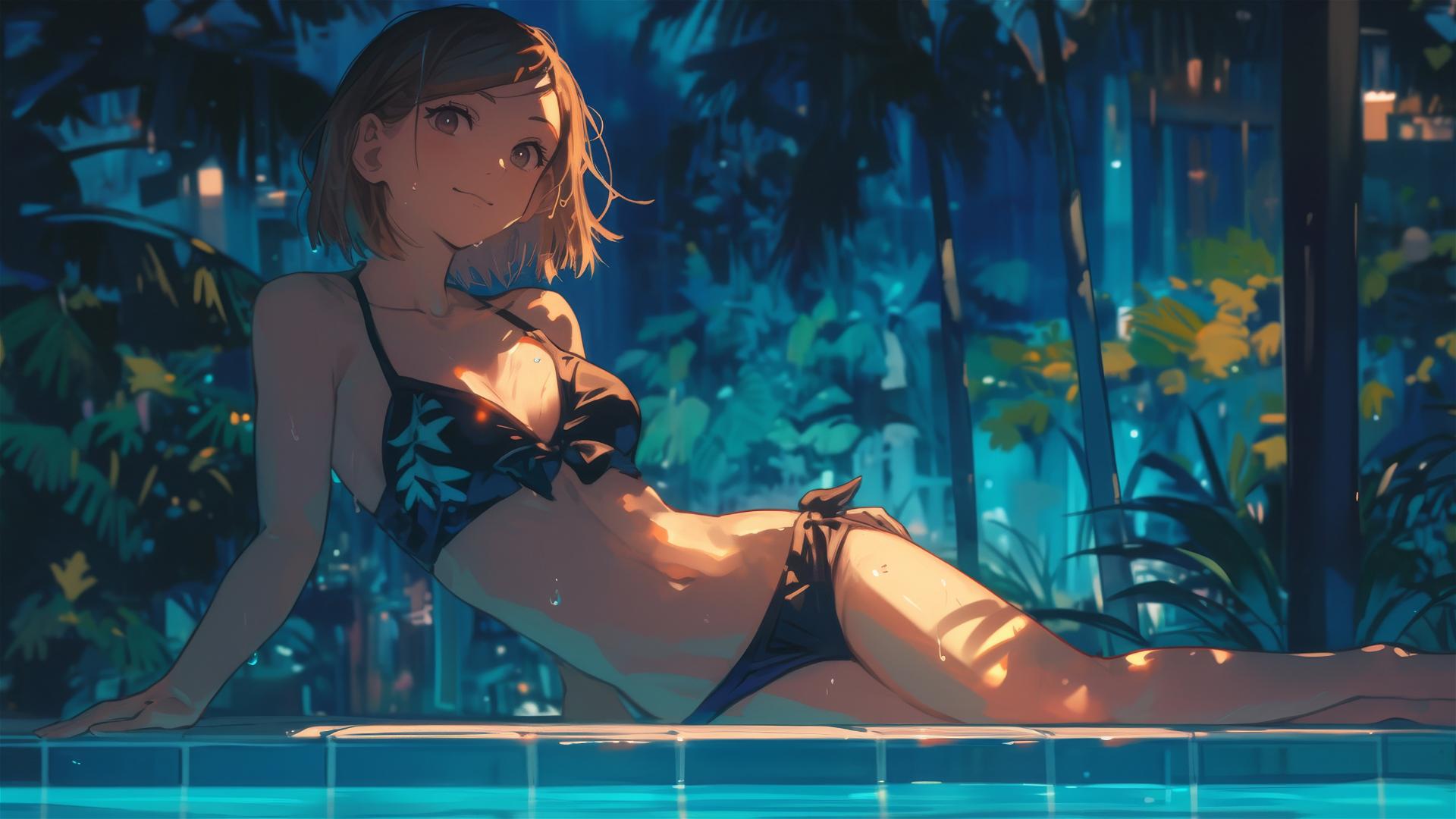 Nobara Kugisaki from Jujutsu Kaisen resting by the pool under moonlight