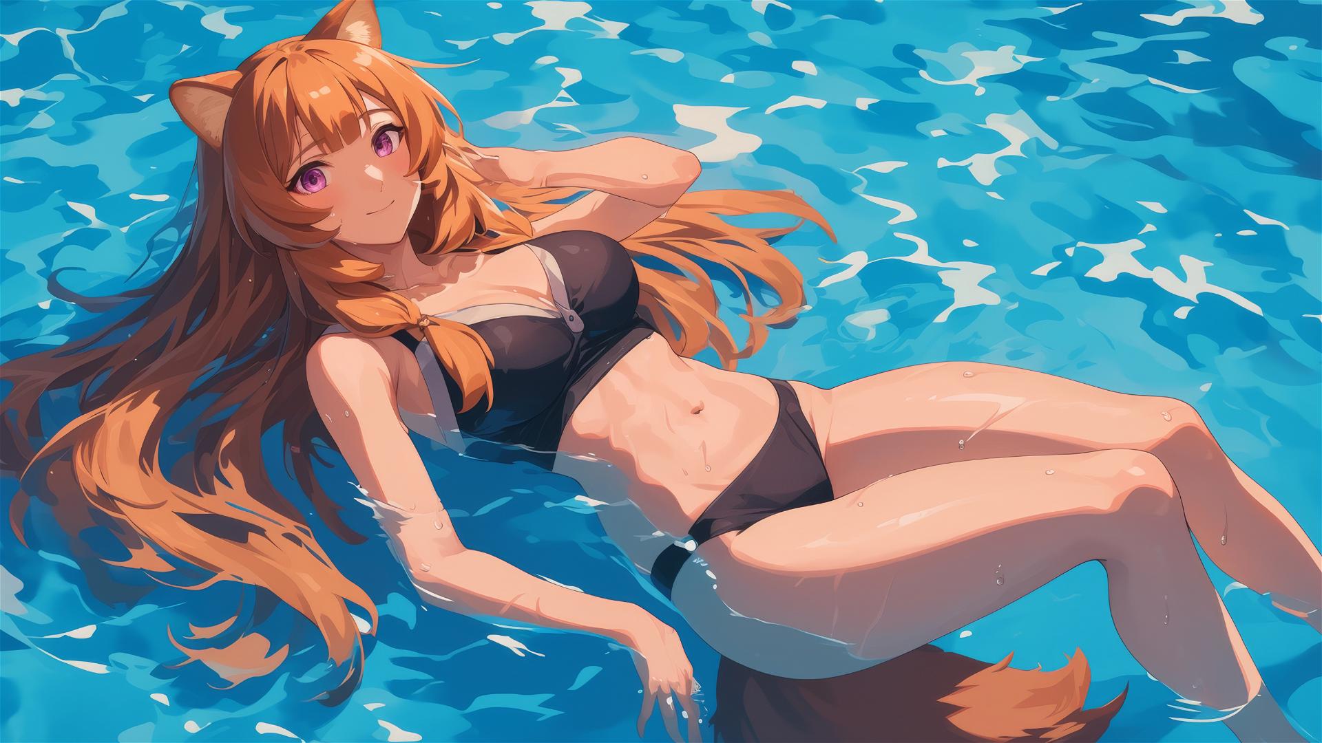 Raphtalia from Shield Hero swimming in moonlit pool