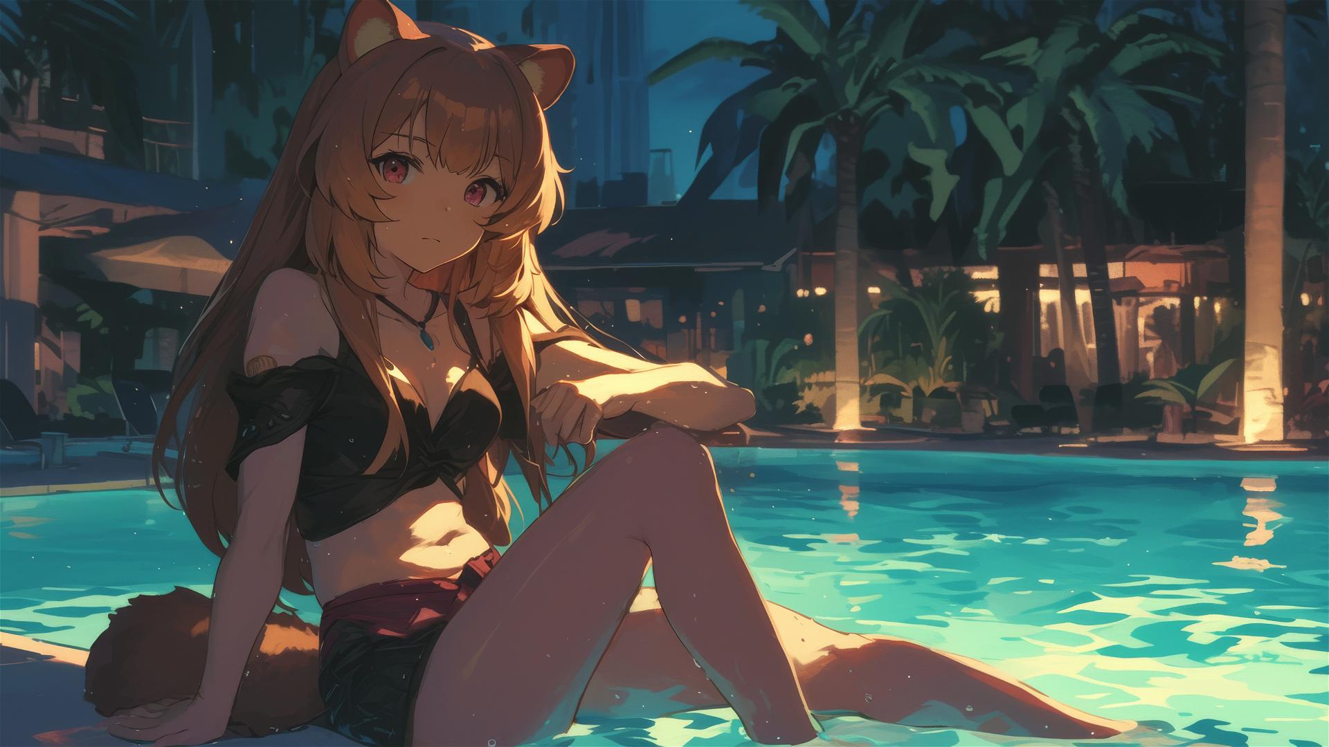 Raphtalia swimming in a moonlit pool from The Rising of the Shield Hero