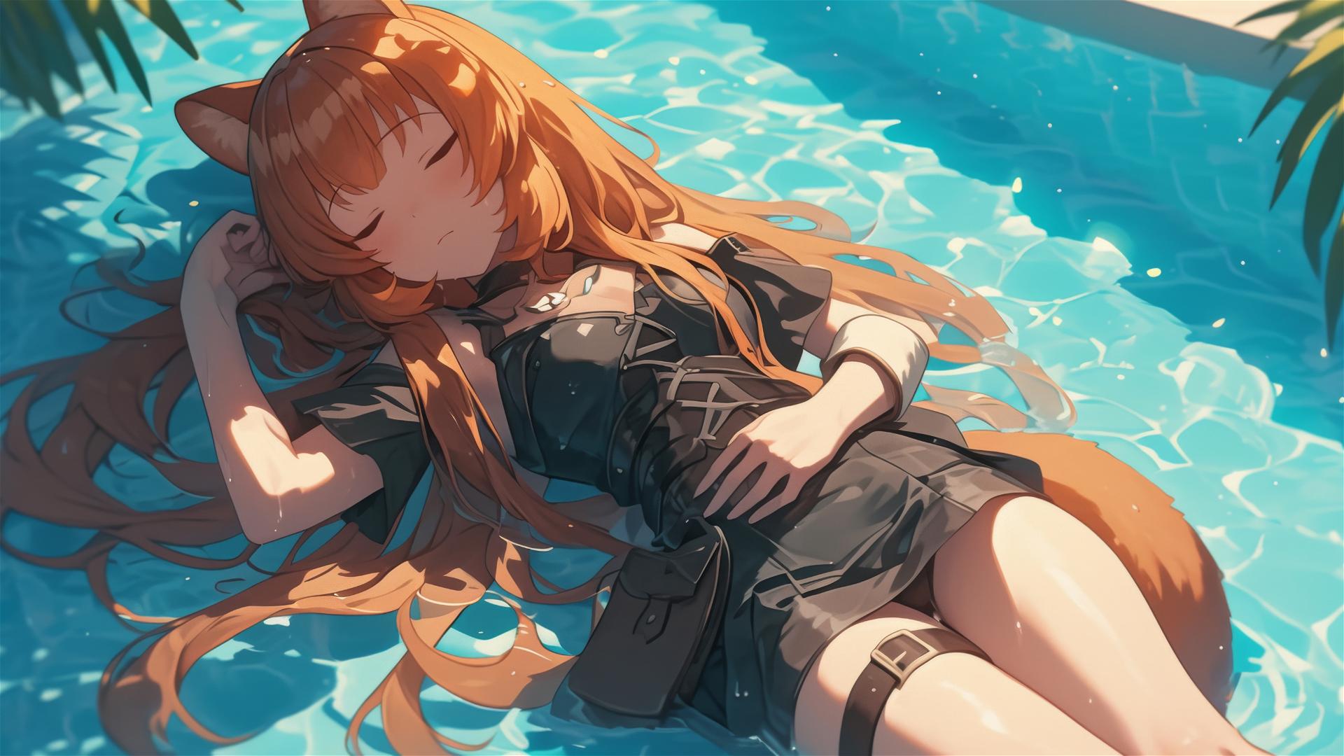 Raphtalia from Shield Hero resting by pool under moonlight