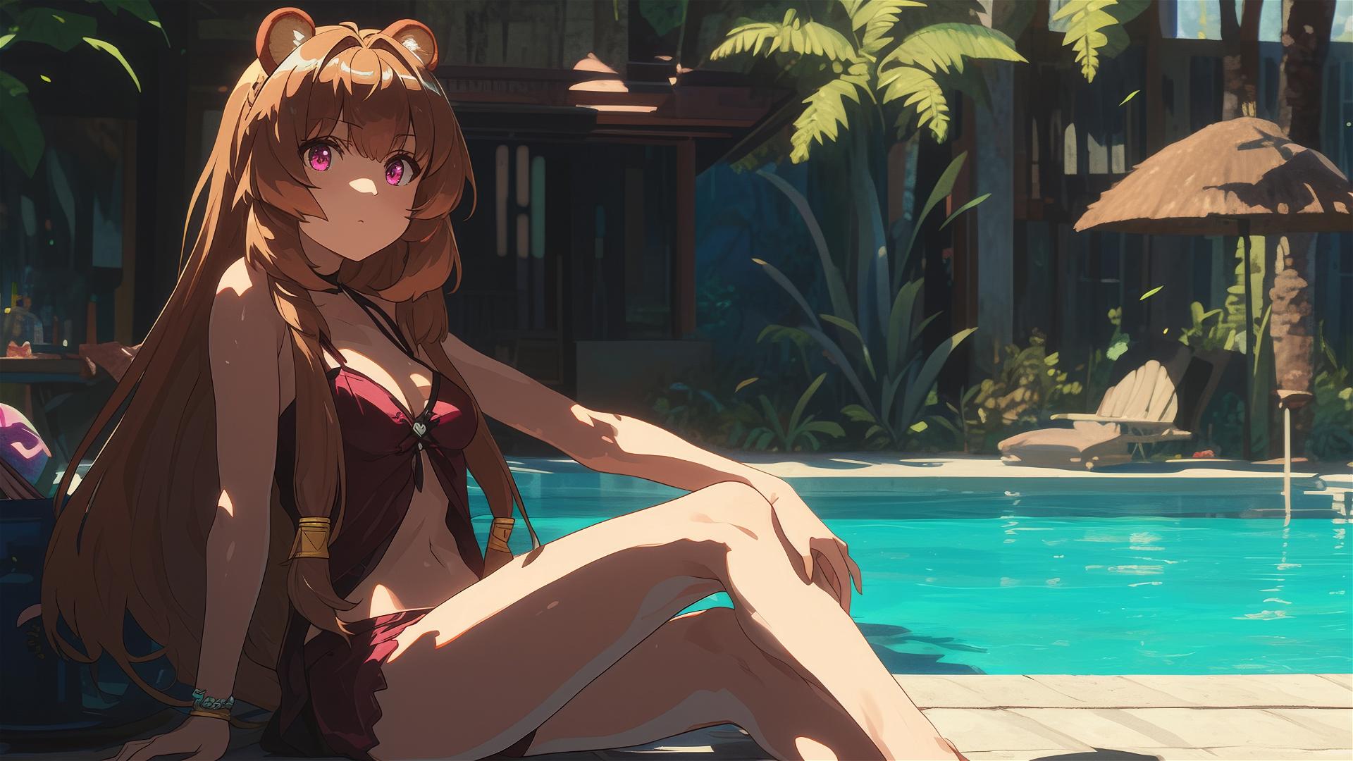 Raphtalia by the pool in moonlight