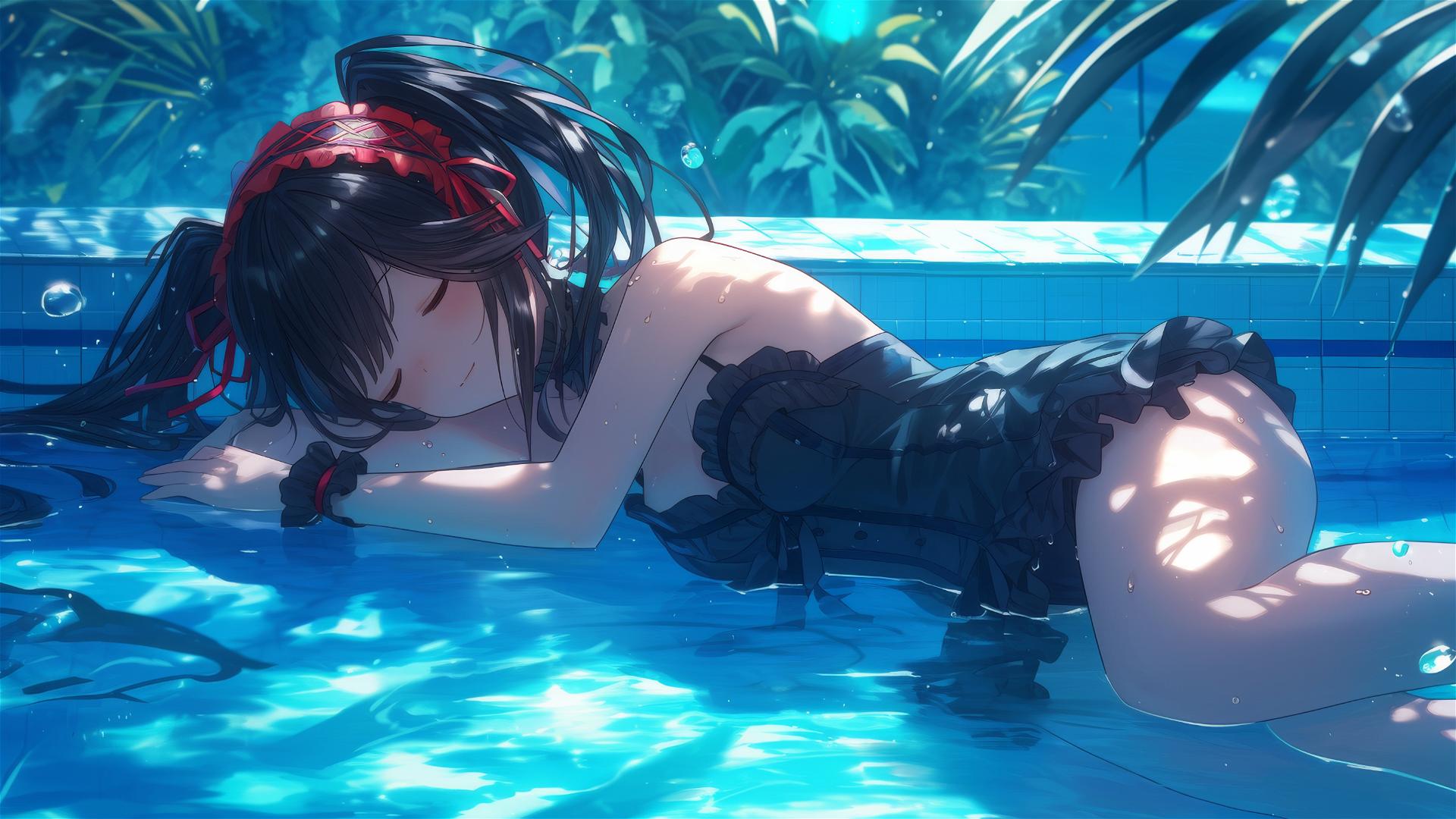 Kurumi Tokisaki resting by pool under moonlight