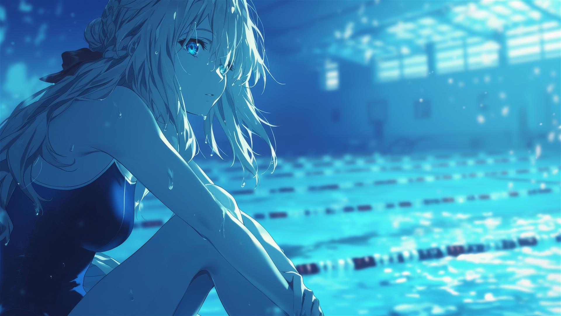 Violet Evergarden swimming in the moonlit pool