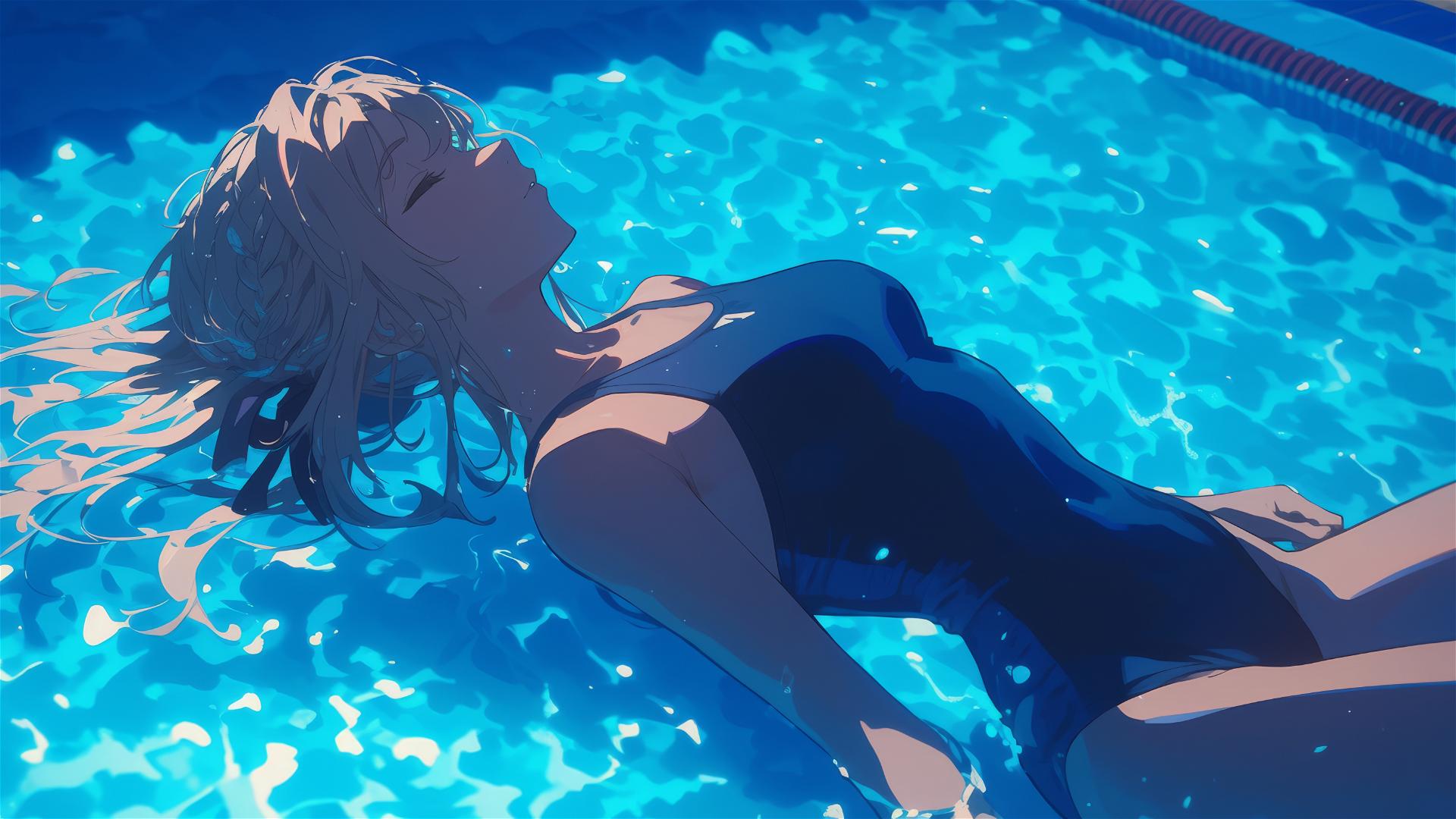 Violet Evergarden swimming in pool under moonlight