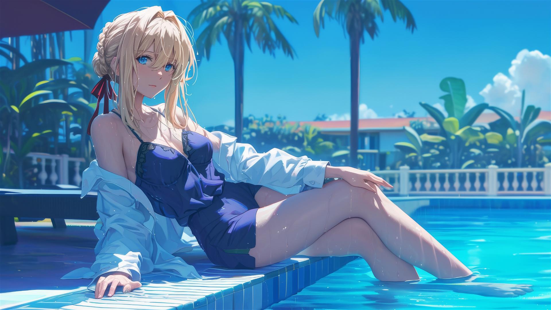 Violet Evergarden resting by pool under moonlight