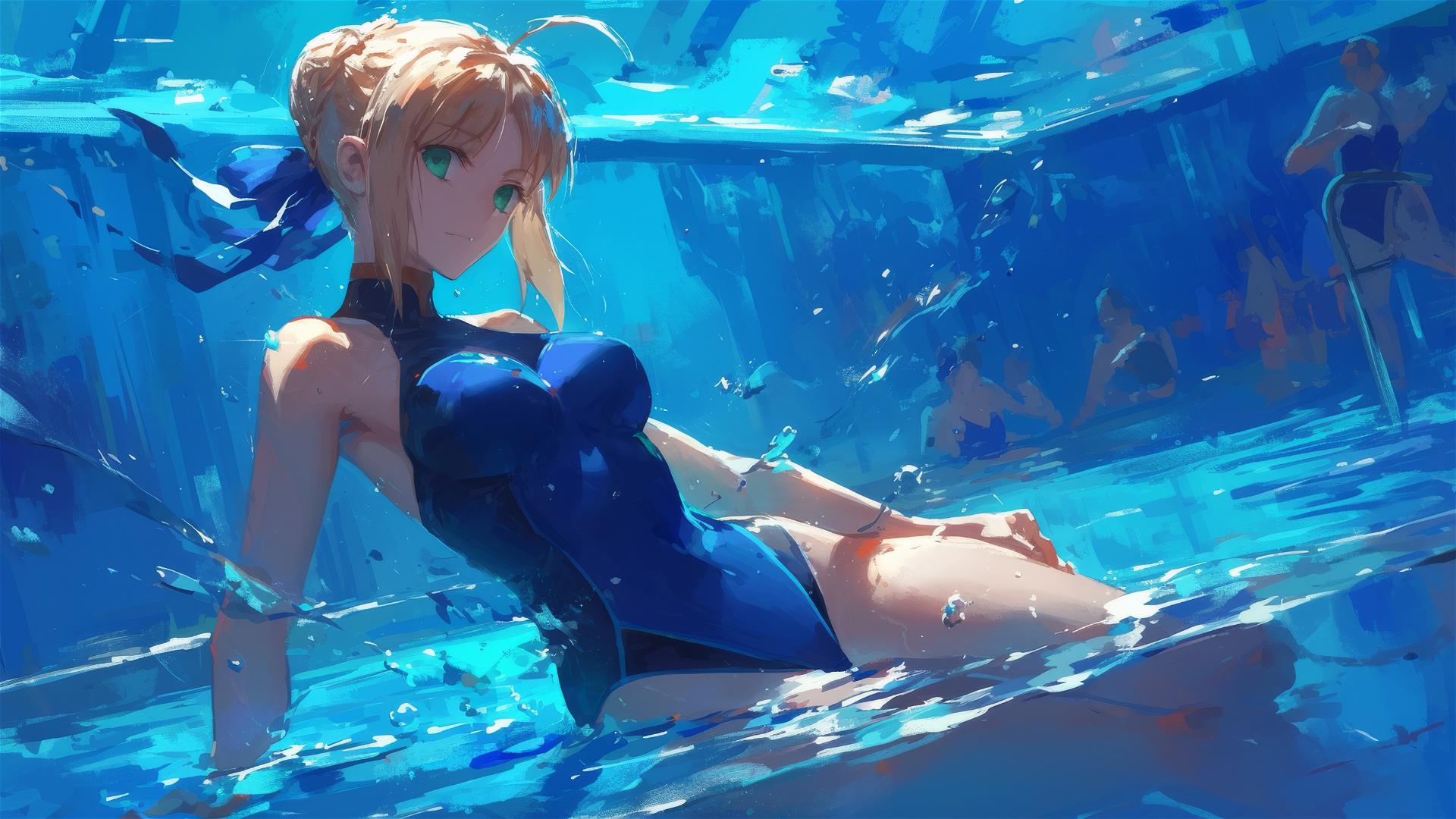 Saber from Fate/Zero swimming in moonlit pool