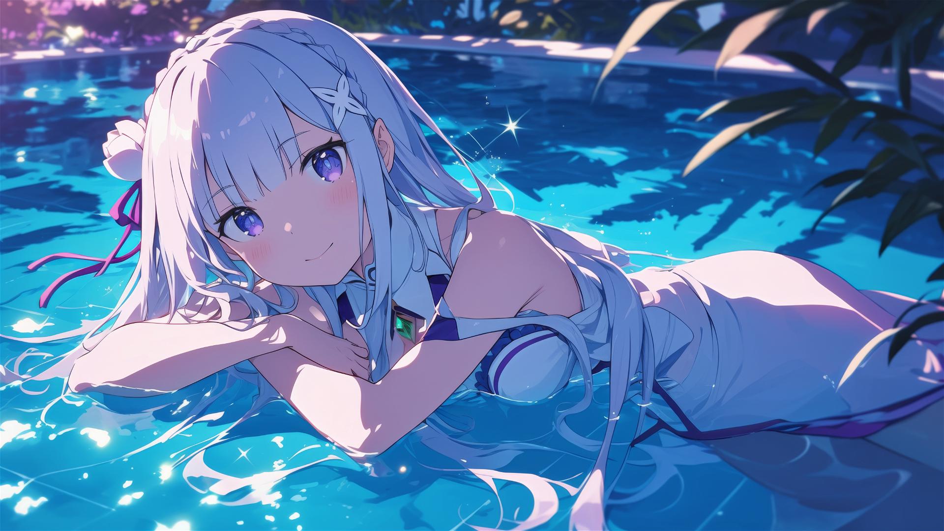 Emilia from Re:Zero relaxing in a pool under moonlight