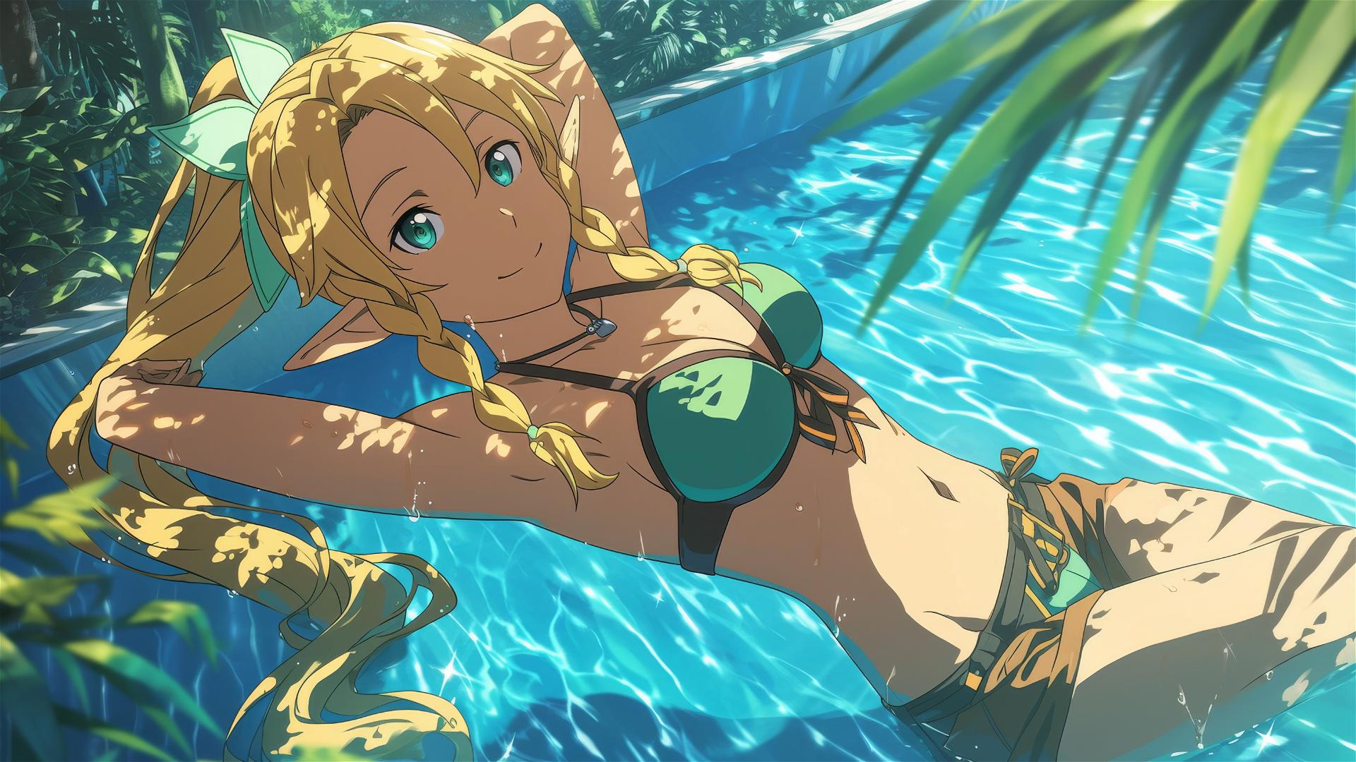 Leafa from SAO standing in a pool under moonlight