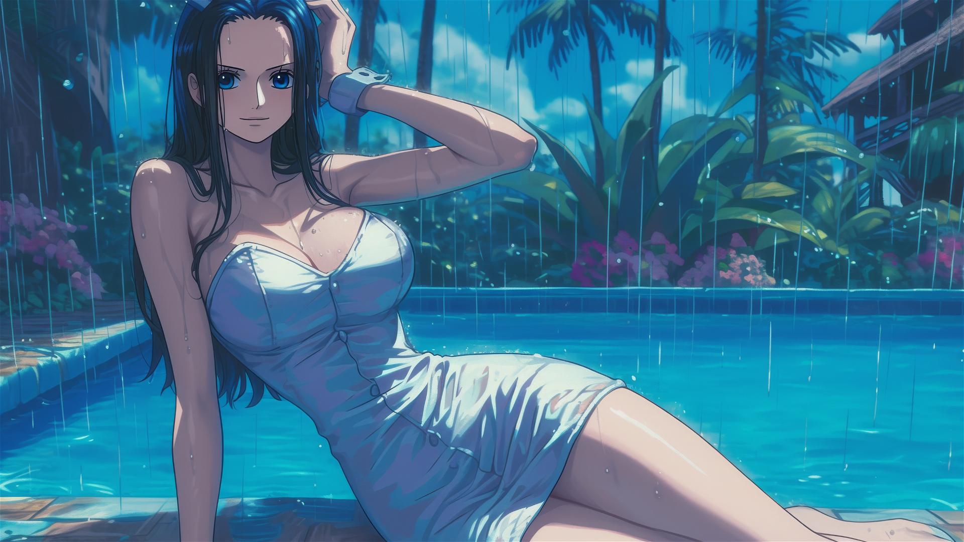 Nico Robin from One Piece by pool in rain, moonlit, blue eyes, bunny pose, white dress