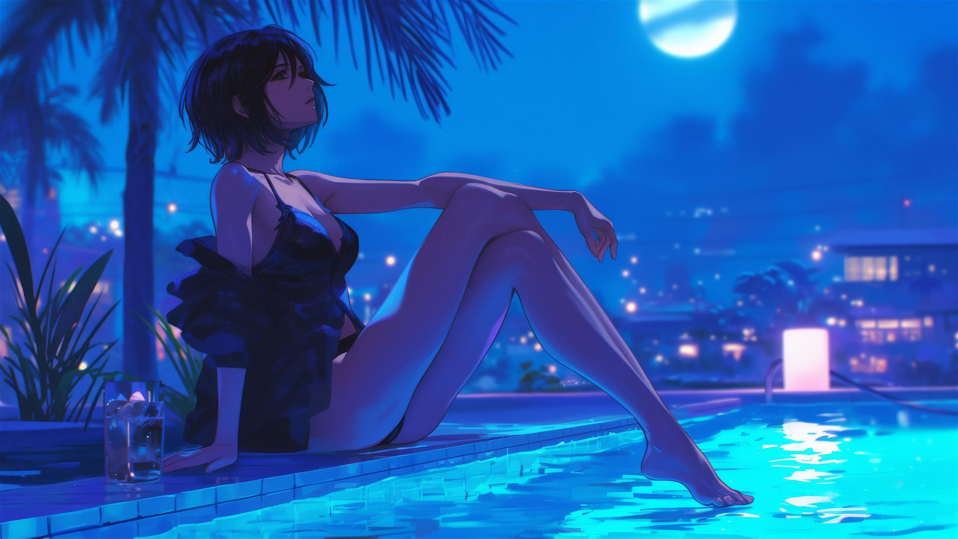Mikasa Ackerman resting by pool under moonlight