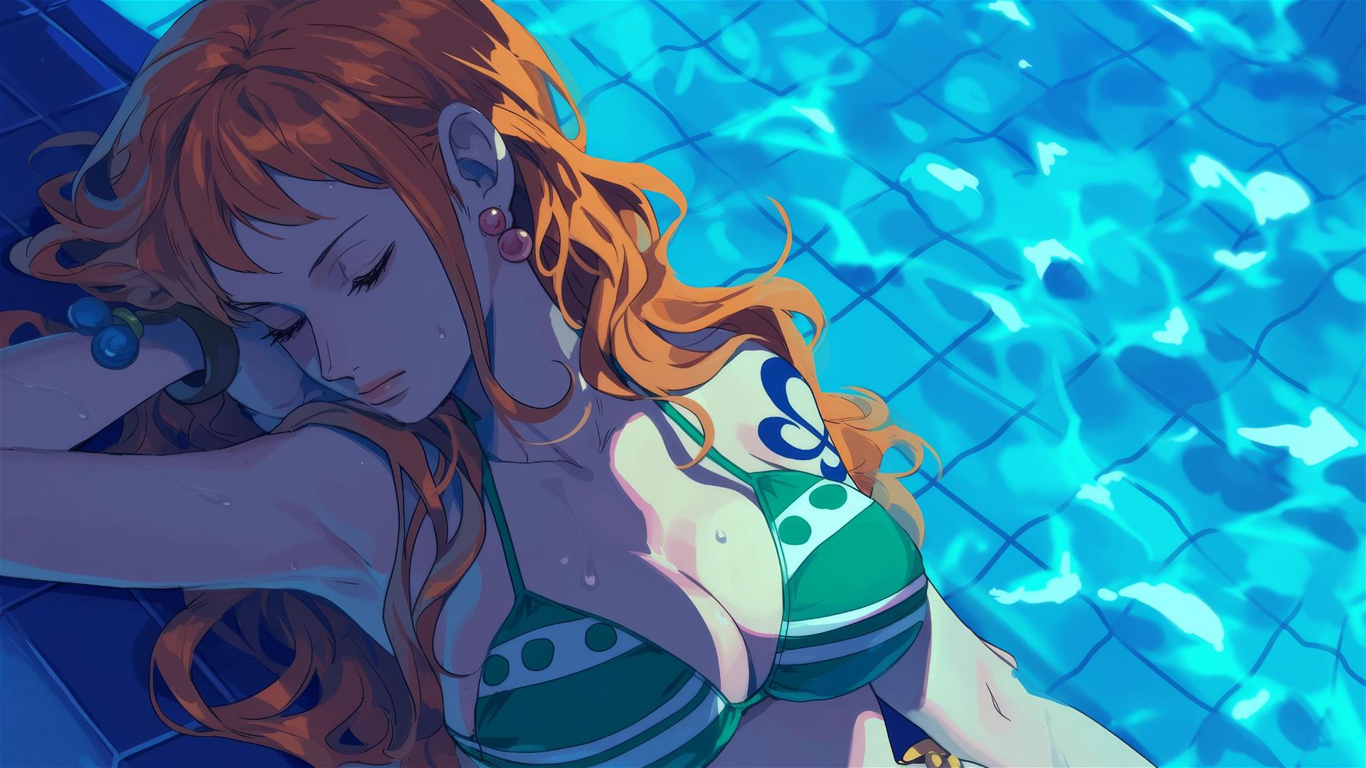 Nami from One Piece relaxing by a pool under moonlight