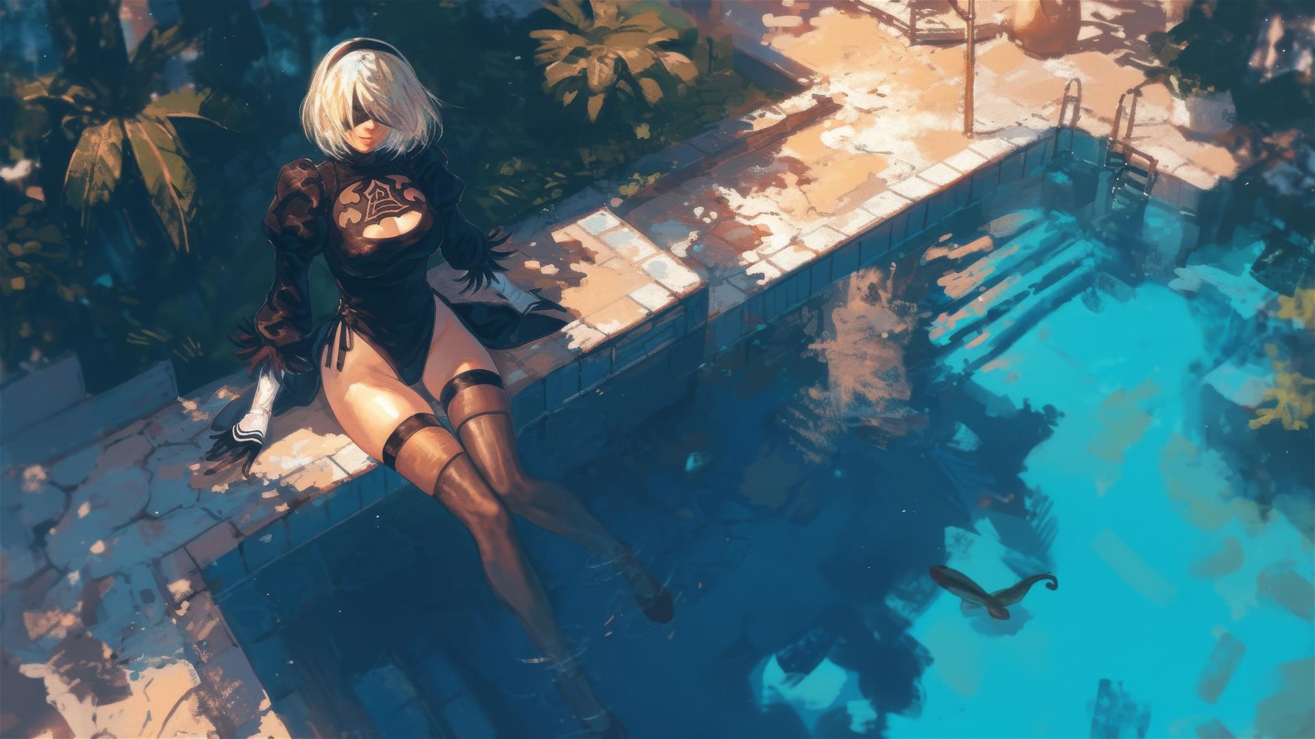 2B from Nier resting by pool under moonlight