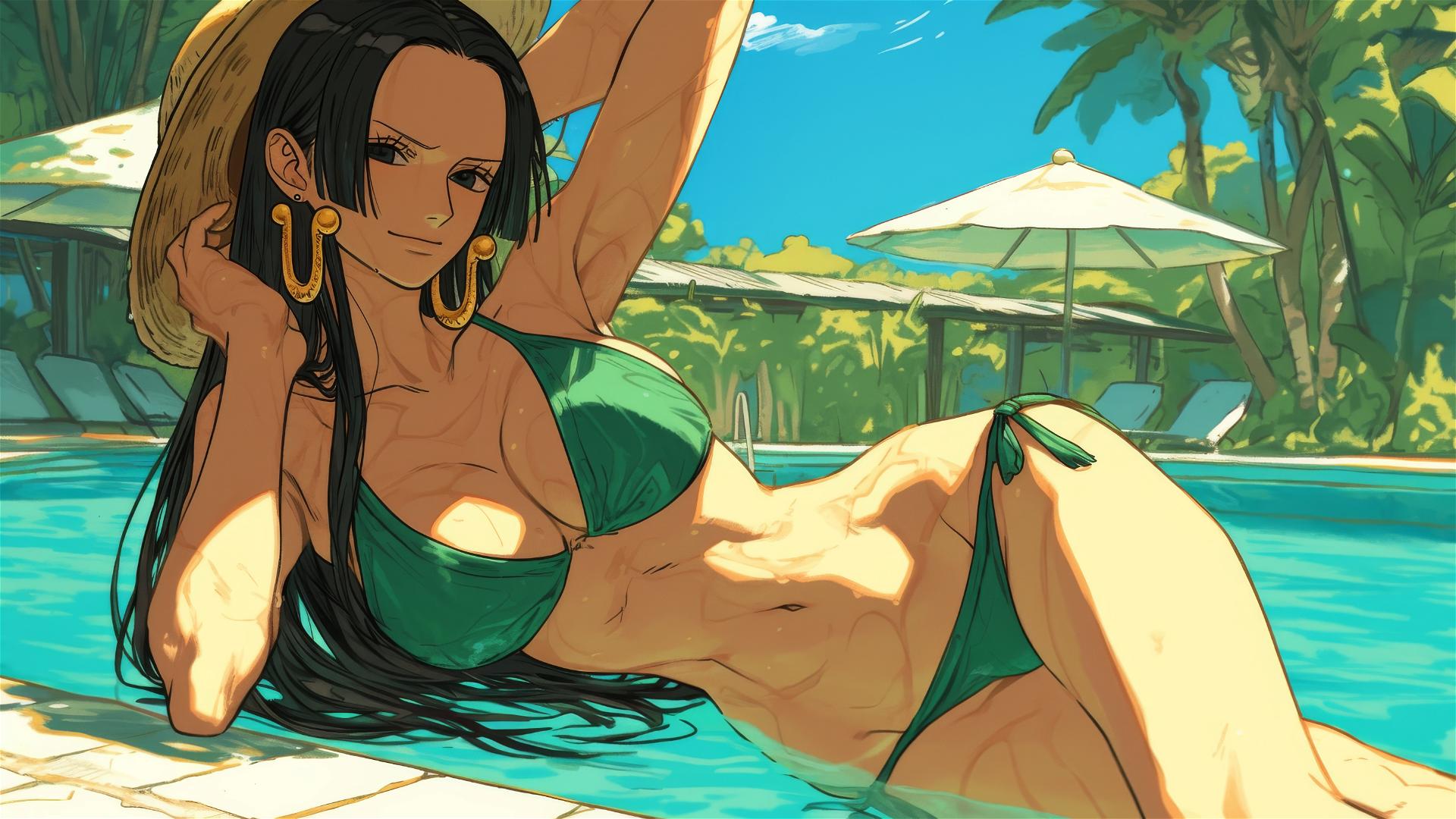 Boa Hancock from One Piece resting by the pool under moonlight