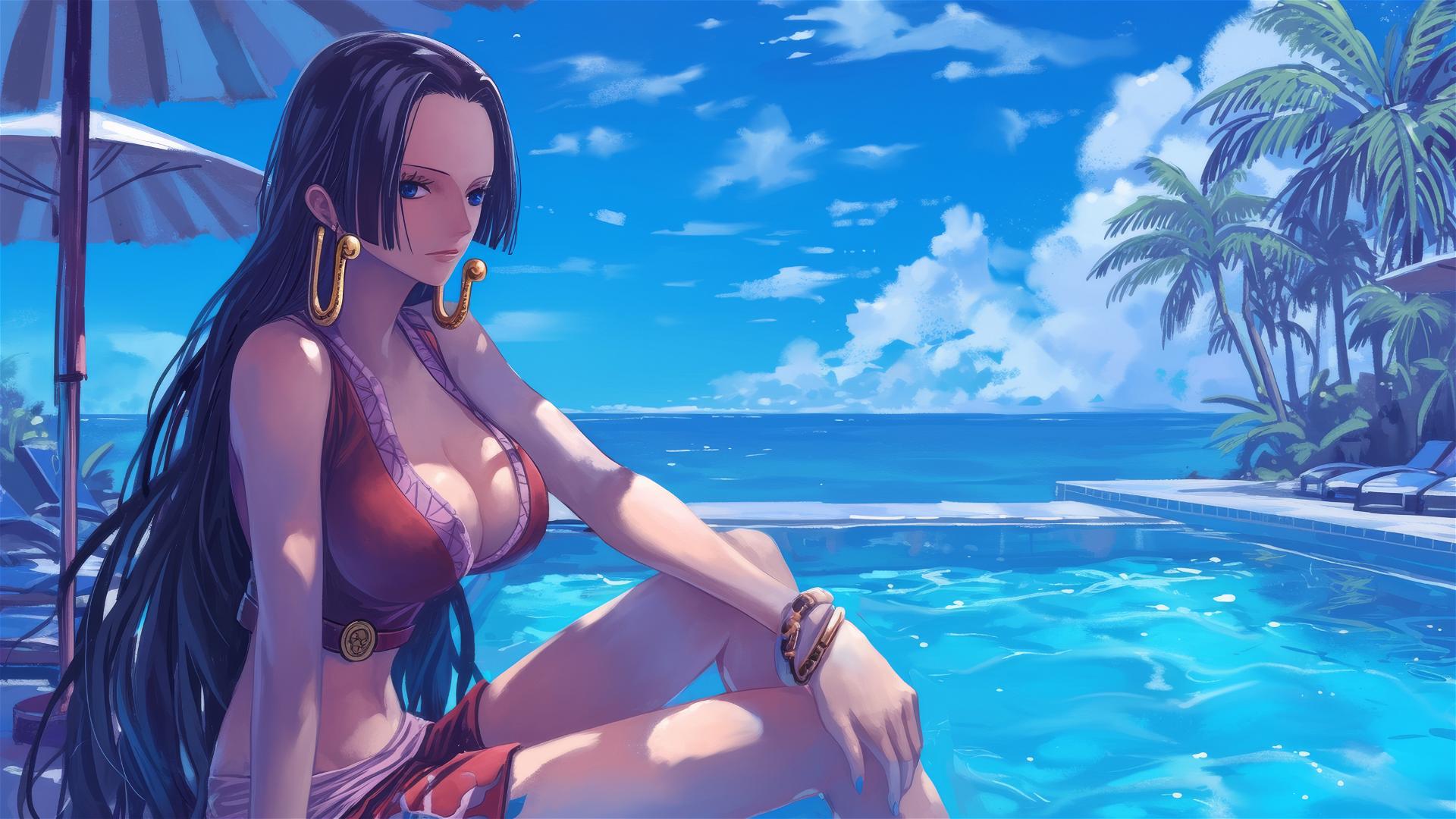 Boa Hancock from One Piece resting by the pool under moonlight