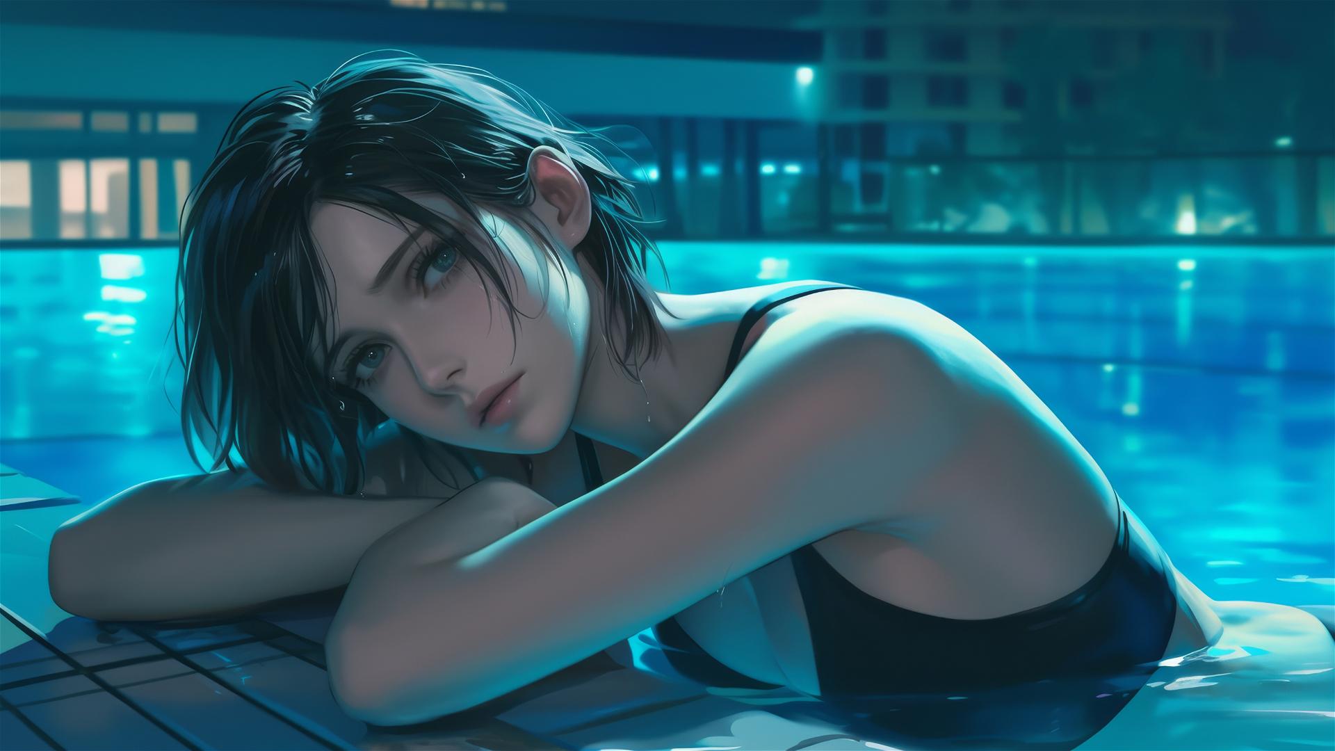 Mikasa Ackerman resting by pool under moonlight