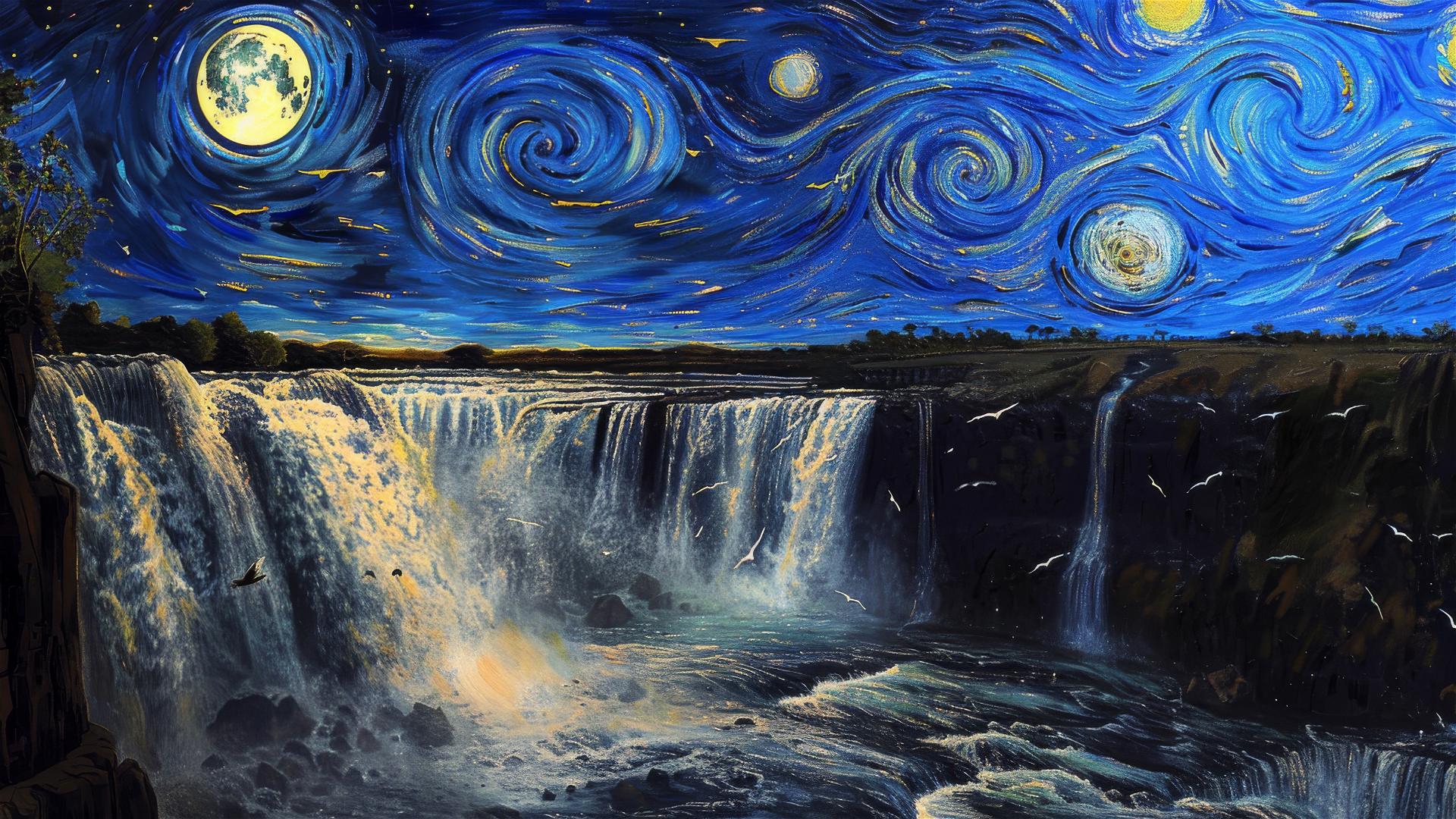 Victoria Falls at full moon, van Gogh's Starry Night style sky