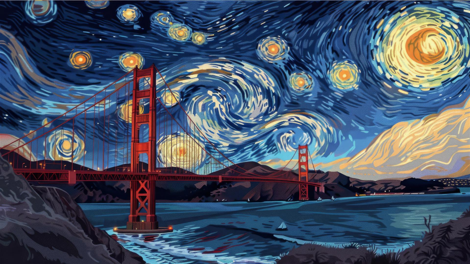 Golden Gate Bridge at sunset with van Gogh style starry sky