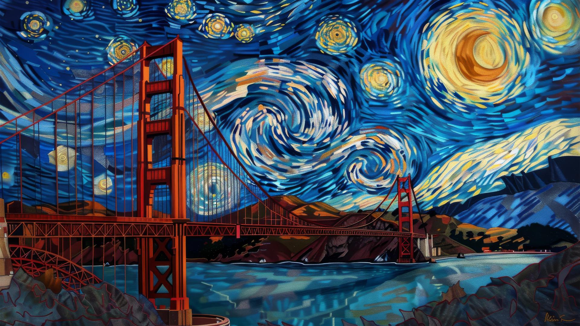 Golden Gate Bridge at sunset with swirling stars in a vivid blue sky